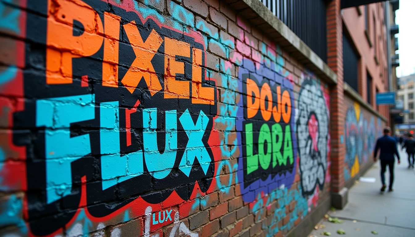 A vibrant urban scene featuring a weathered brick wall covered in layers of colorful graffiti, The graffiti prominently displays the words "PIXEL DOJO FLUX LoRA" in bold, dynamic lettering. The text is surrounded by intricate, artistic tags and street art in a myriad of bright colors including electric blue, neon green, and vivid red. The wall's texture is rough, with some bricks chipped and worn, adding a sense of authenticity and age. The scene is illuminated by the soft, diffused light of an overcast day, casting gentle shadows and highlighting the textures of the wall and the vibrancy of the graffiti. This setting evokes a gritty yet artistic urban atmosphere, filled with creativity and an edge of rebellion. Photorealistic style, capturing the raw energy and details of street art. In the background, hints of city life can be seen, with blurred figures and movement, suggesting a bustling environment.