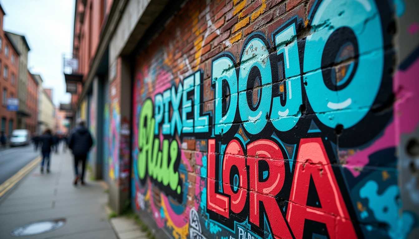A vibrant urban scene featuring a weathered brick wall covered in layers of colorful graffiti, The graffiti prominently displays the words "PIXEL DOJO FLUX LoRA" in bold, dynamic lettering. The text is surrounded by intricate, artistic tags and street art in a myriad of bright colors including electric blue, neon green, and vivid red. The wall's texture is rough, with some bricks chipped and worn, adding a sense of authenticity and age. The scene is illuminated by the soft, diffused light of an overcast day, casting gentle shadows and highlighting the textures of the wall and the vibrancy of the graffiti. This setting evokes a gritty yet artistic urban atmosphere, filled with creativity and an edge of rebellion. Photorealistic style, capturing the raw energy and details of street art. In the background, hints of city life can be seen, with blurred figures and movement, suggesting a bustling environment.