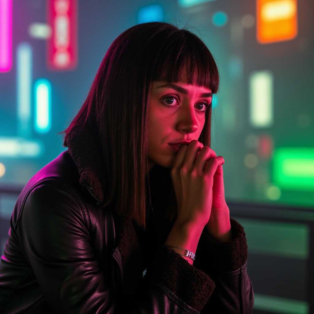Contemplative Young Woman in NeonLit Night Setting