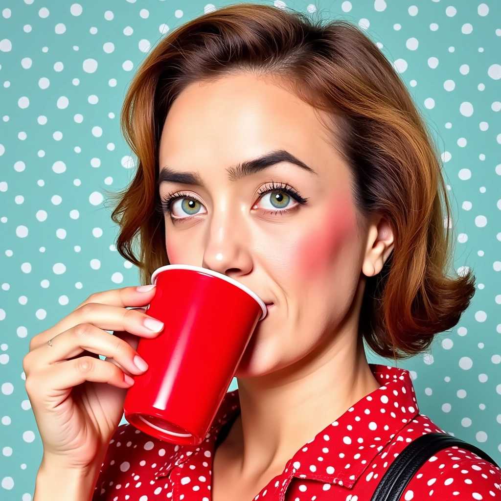 a photo of ALEMAP woman, 1950's Pop-art , red cup, red lipstick, sipping soda. Editorial image with Clemens Ascher's bright, soda-themed pop-art style. light blue pokadot background, pop art style by aleksandra waliszewska