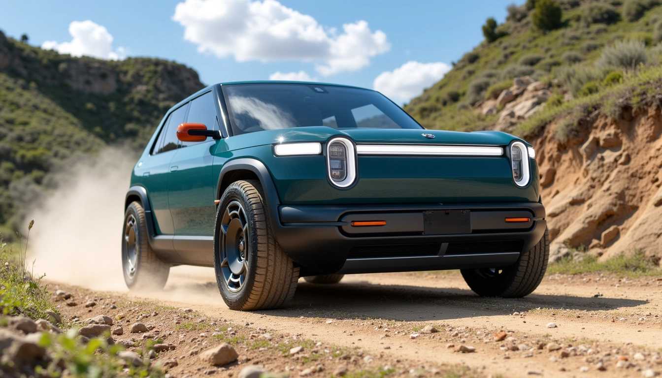 A high-resolution, action-packed photograph capturing a RIVIAN R3X car, speeding down a rugged dirt road. The car is sleek and futuristic, painted in a metallic deep forest green that gleams under the sunlight. Dust and small rocks are being kicked up behind the car, creating a dramatic sense of motion and energy. The dirt road is rough and winding, lined with tall, lush green trees that blur slightly due to the speed of the vehicle. The photo is taken from a low angle, close to the ground, to emphasize the car's power and the texture of the road. The sky is clear and blue, with a few fluffy white clouds scattered about, casting soft shadows on the landscape. The lighting is natural, with sunlight filtering through the tree canopy, creating dappled light patterns on the ground. The overall mood is adventurous and exhilarating, evoking a sense of freedom and excitement.