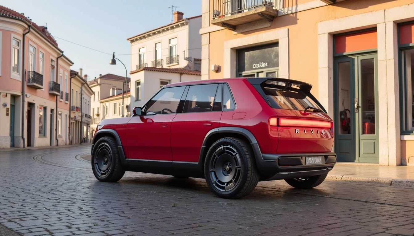 A high-resolution photograph of a sleek, red RIVIAN R3X car gliding through the picturesque streets of Lisbon. The car's glossy, vibrant red paint gleams under the warm afternoon sun, reflecting the surrounding architecture. The image is captured from a low angle, emphasizing the car's futuristic design and muscular stance. 

In the background, the historical charm of Lisbon is evident through cobblestone streets, pastel-colored buildings with wrought-iron balconies, and the iconic tram tracks weaving through the city. The lighting is soft and golden, casting a warm glow over the scene and highlighting the intricate textures of the old city. The sky is a clear blue, adding a refreshing contrast to the warm tones of the buildings and the car. 

The mood is vibrant and lively, encapsulating the dynamic energy of the city juxtaposed with the cutting-edge technology of the RIVIAN R3X. Photographic elements such as depth of field focus on the car and gently blur the background, creating a sense of movement and speed. The overall atmosphere is one of modernity seamlessly blending with historical elegance, capturing both the spirit of adventure and the timeless charm of Lisbon.