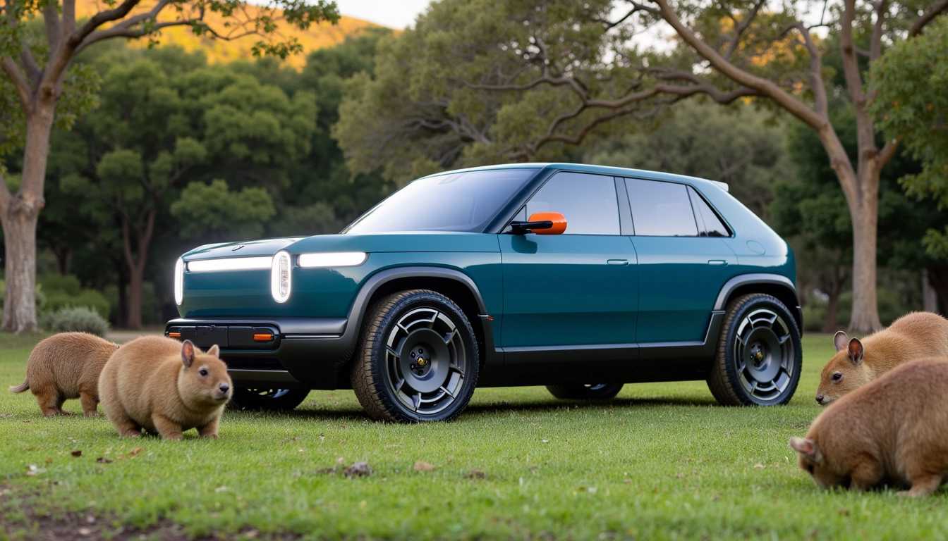 A high-resolution photograph capturing a sleek blue RIVIAN R3X car, positioned centrally in the frame. The car's metallic blue paint glistens under the gentle sunlight, showcasing its modern, aerodynamic design. Surrounding the car is a group of capybaras, their fur varying in shades of brown and beige, appearing comfortable and content. The scene is set in a serene, slightly wooded area during golden hour, with soft, warm sunlight filtering through the leaves, casting dappled shadows on the ground. The capybaras are scattered around the car, some closer and interacting with it, others grazing on the lush green grass. The photo is taken from a slightly low angle to emphasize the grandeur of the car and the charming nature of the capybaras, with a shallow depth of field to keep the focus on the subjects while softly blurring the background. The overall mood is peaceful and whimsical, blending modern automotive design with nature's tranquility.