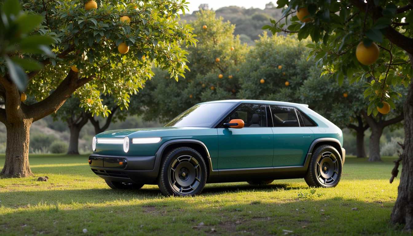 A high-resolution photograph capturing a sleek neon RIVIAN R3X car amidst a dense grove of lemon trees, ultra-detailed and sharply focused. The car, with its clean, aerodynamic lines and vibrant neon color, stands out strikingly against the rich greenery and yellow hues of the lemon trees. The sunlight filters through the leaves, casting dappled light and shadows on the ground and the car's glossy surface. The scene is bathed in soft morning light, creating a fresh and lively atmosphere. The camera angle is slightly low, emphasizing the car's futuristic design and the lush, fruitful environment. The image should have a slightly wide-angle perspective to capture the full essence of the setting, with meticulous attention to the texture of the car's body, the tree bark, and the lemons. The overall mood is a blend of innovation and natural beauty, highlighting the contrast and harmony between advanced technology and nature.