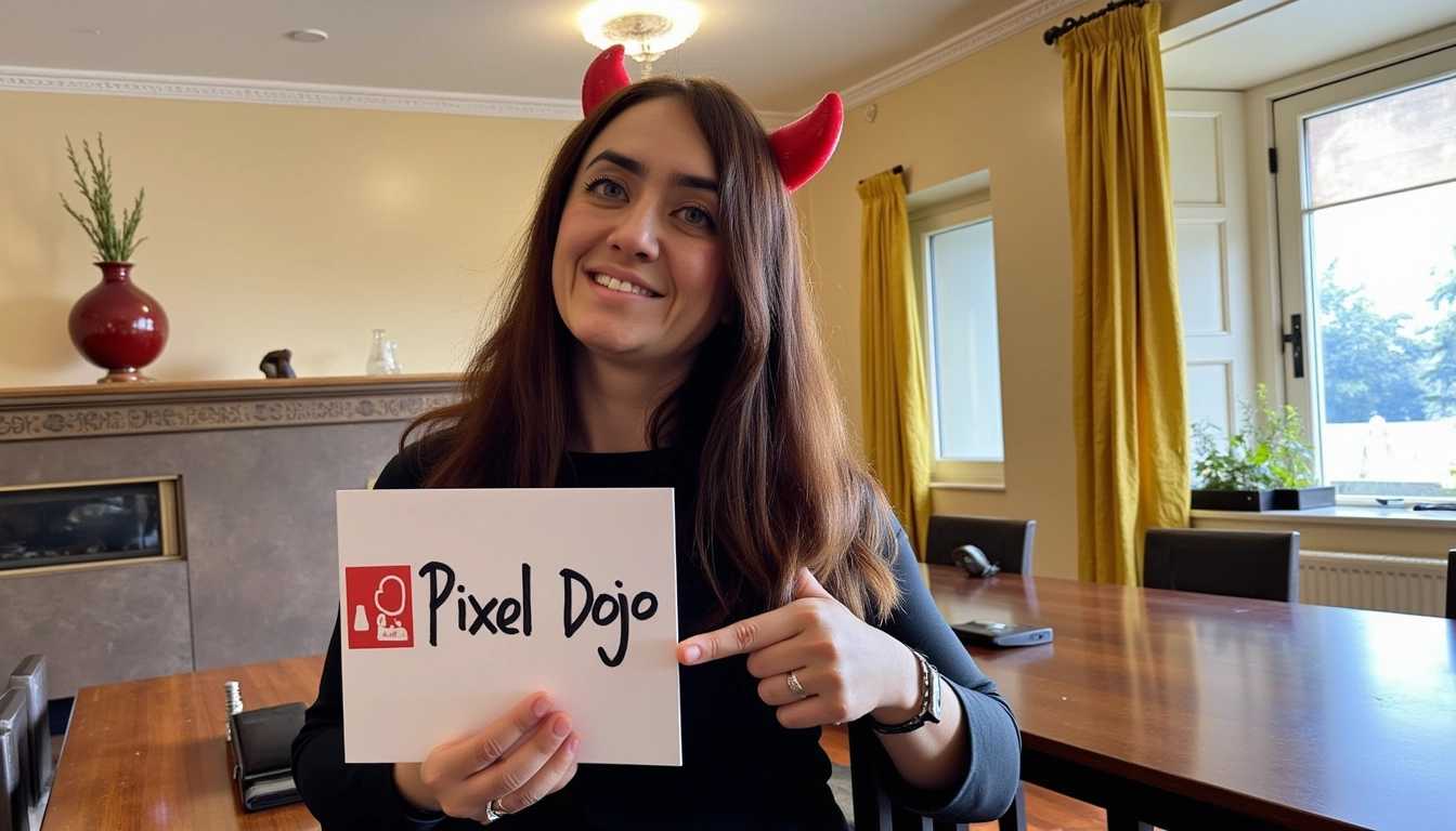 Smiling Woman with Devil Horns Holds Pixel Dojo Sign