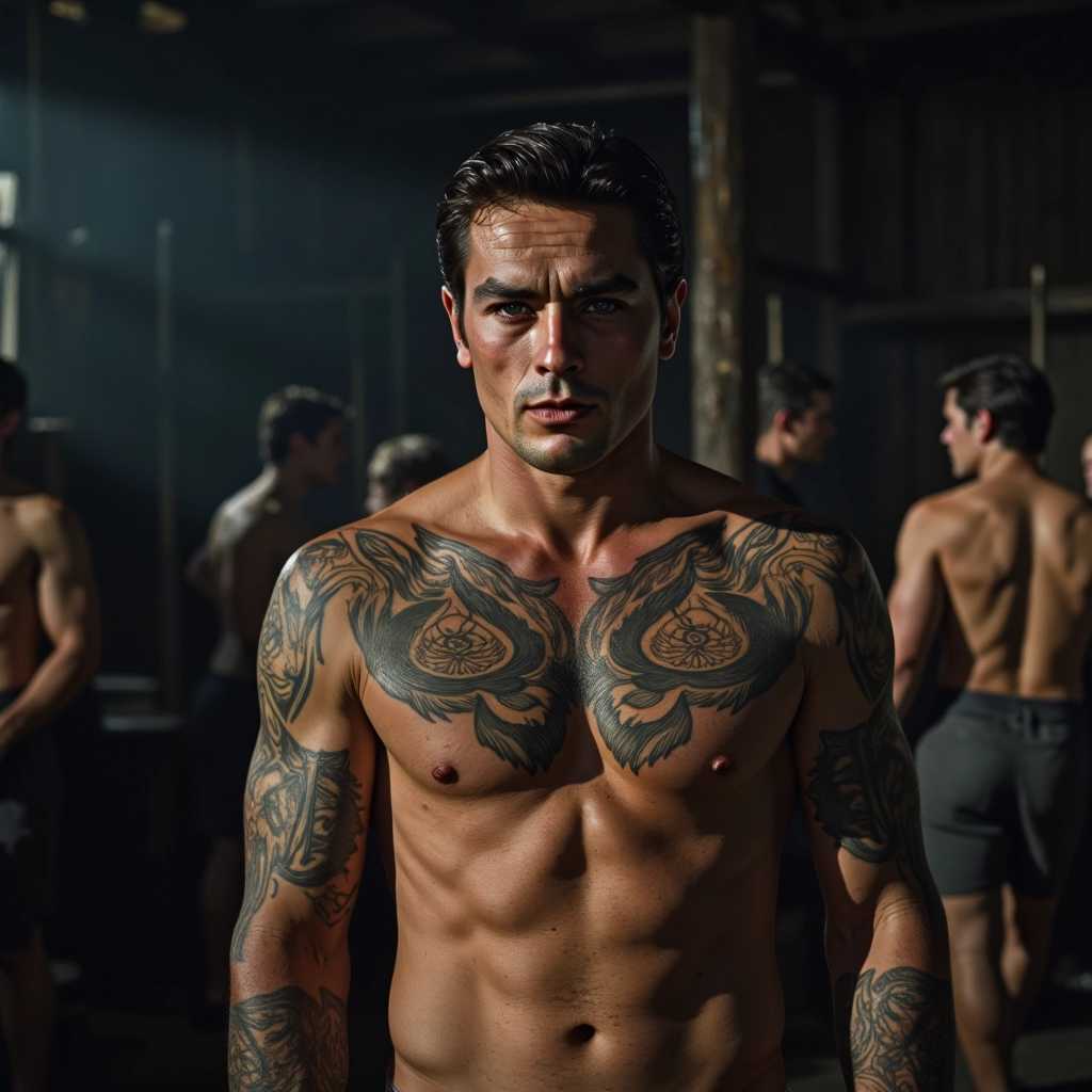 A close-up of Alain Delon, shirtless, with intricate Viking tattoos covering his muscular body, depicted in heavy detail. The scene has a cinematic feel, rich with the gritty texture of 35mm film, and captured in stunning 8K resolution. Delon stands with a fierce and determined expression, enhanced by dramatic lighting that casts shadows, highlighting the contours of his physique and the intricate design of his tattoos. The background is blurred to focus all attention on Delon, with a deep and moody atmosphere that suggests a battle-worn Viking warrior. The color palette is dominated by earthy tones and muted colors, enhancing the raw and historical feel of the image.