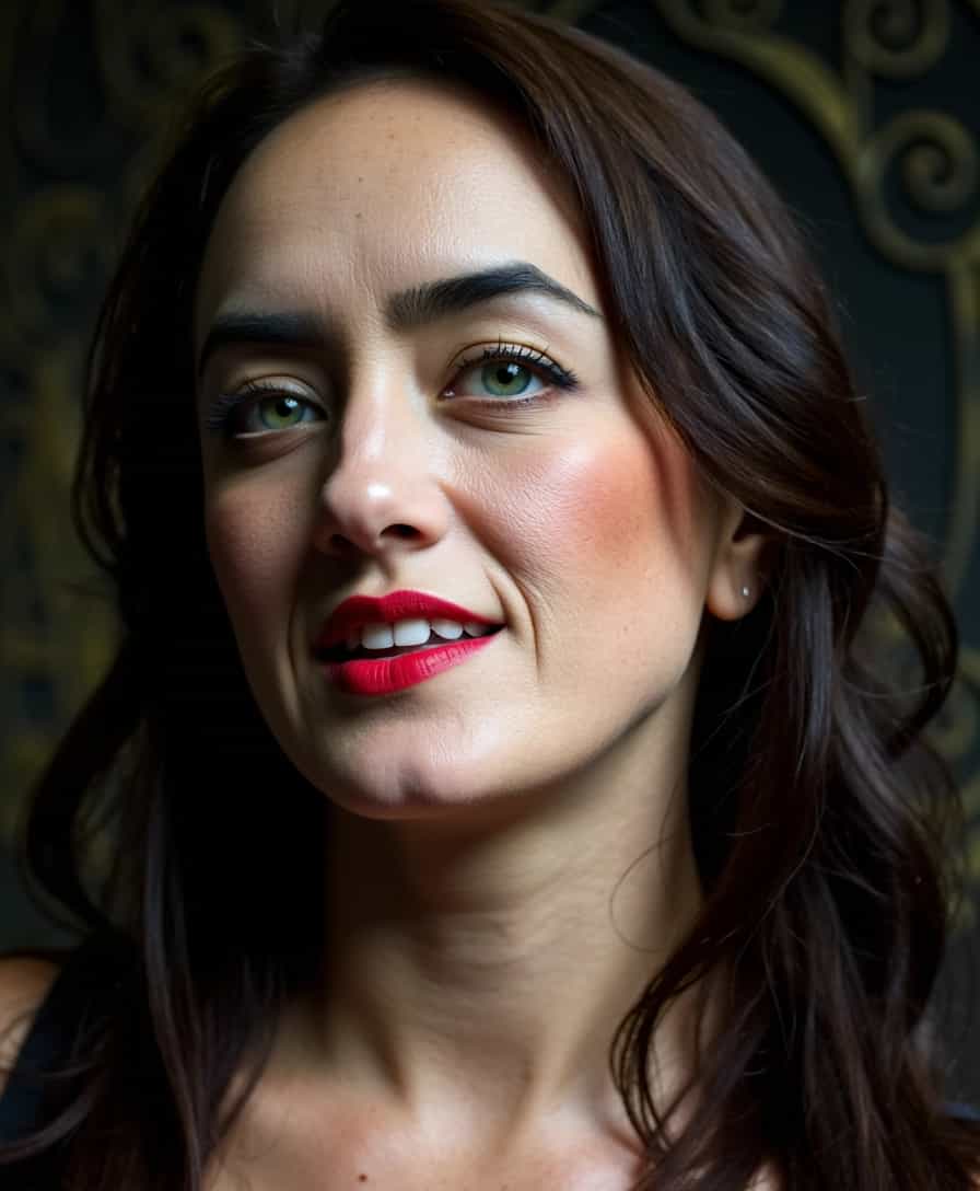 The photograph captures a close-up of a stunning ALEMAP woman with an ethereal beauty, her sharp fangs prominently displayed. Her skin is porcelain smooth, almost luminescent under the soft, diffused lighting that highlights her delicate features. Her eyes, a piercing shade of emerald green, are framed by long, dark lashes that cast subtle shadows on her high cheekbones. Her lips, painted a deep crimson, are slightly parted to reveal the gleaming, razor-sharp fangs that add an element of danger to her otherwise angelic appearance. The background is a blurred mix of dark, moody tones, with hints of gothic architecture, suggesting an ancient, mysterious setting. The composition focuses tightly on her face, with a shallow depth of field that keeps the viewer's attention on her mesmerizing gaze and the striking contrast of her fangs against her red lips. The overall aesthetic is reminiscent of classic vampire lore, with a modern, high-fashion twist.