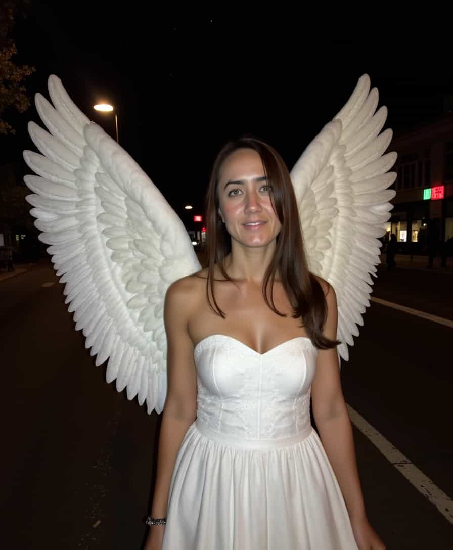 The image features ALEMAP woman, who appears to be an angel due to the large white wings attached to her back. She is wearing a white, strapless dress with a sweetheart neckline and a thin waistband. The dress flows down to the floor, and she is standing with her hands gently resting on her hips. The setting is a nighttime street scene with a dark, moody atmosphere. There are buildings in the background, and the sky is filled with stars, suggesting a clear night. The streetlights are on, casting a warm glow on the scene. There's a sense of motion in the image, as if the woman is walking or floating down the street. The interesting details in the image include the contrast between the ethereal figure of the woman with wings and the mundane, urban environment. The wings are large and realistic-looking, which adds to the surreal and dreamlike quality of the scene. The lighting and composition of the image create a sense of depth and mystery, inviting the viewer to wonder about the story behind the image.