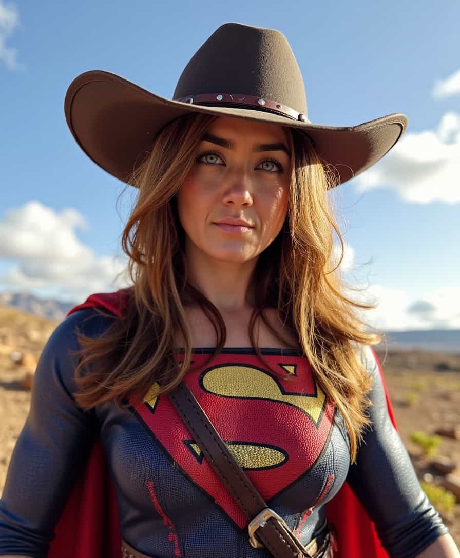 nijistyle, cowboy shot of ALEMAP supergirl, cape, particles, clouds, sky, hyper-realistic, photography, hd 8k