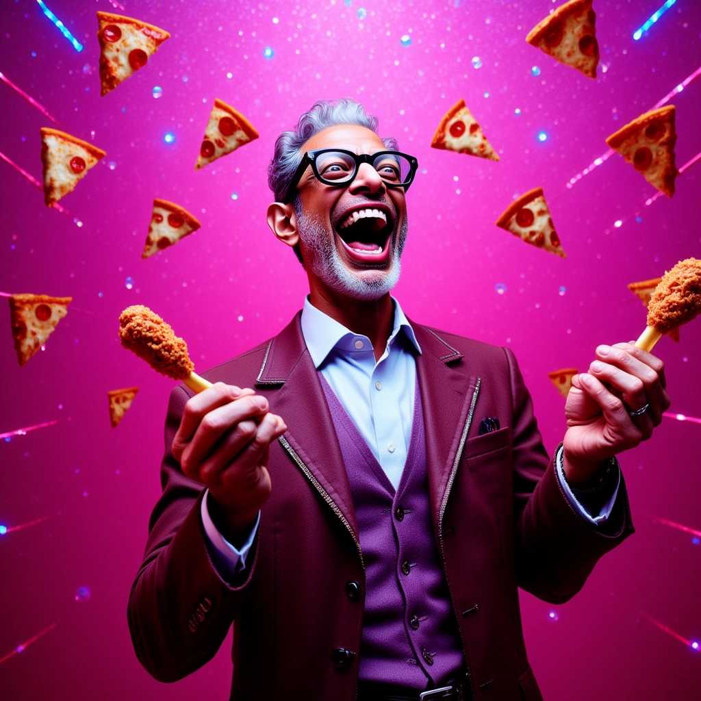 BuffGoldblum, standing confidently with a huge, joyful smile on his face. He is holding a juicy chicken drumstick in each hand. Behind him, slices of pizza dangle from strings, creating a whimsical backdrop. The image is captured from a dynamic low-angle perspective, giving a sense of grandeur and energy. The scene is bathed in a pink glitter filter, adding sparkle and magic to the atmosphere. Neon lights in vibrant colors illuminate the background, casting playful reflections and enhancing the lively, celebratory mood. The entire composition exudes a sense of fun and eccentricity, blending elements of humor, pop culture, and vibrant aesthetics.
