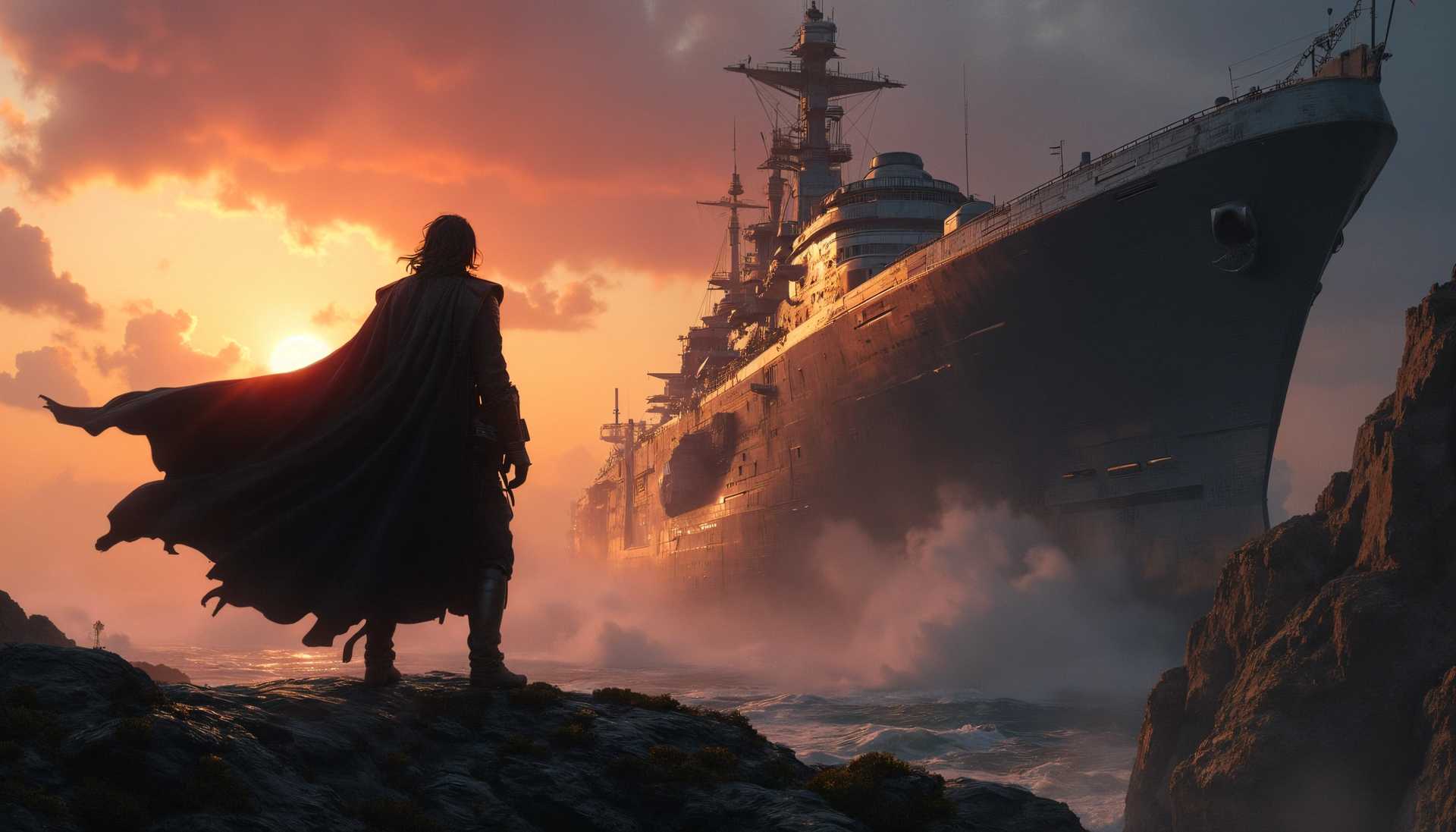Silhouette of a Warrior in a Dramatic Sunset with a Colossal Ship in the Background