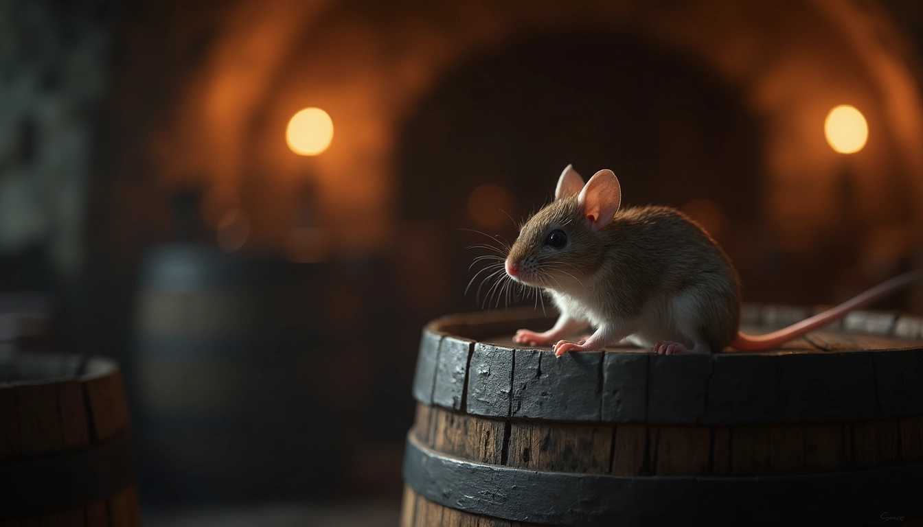 A small mouse perched on an oak barrel in a dimly lit cellar, macro photography capturing the mouse in exquisite detail. The scene showcases intricate textures of the mouse’s fur and the aged oak, illuminated by a beautiful, soft light that highlights the delicate features of the mouse. The camera focuses closely on the mouse, with a shallow depth of field that blurs the background, intensifying the subject. Rendered in a highly realistic, polished Octane 3D style, the overall atmosphere is cozy and quietly mysterious, evoking a sense of curiosity and wonder. The interplay of shadows and light creates a dramatic, yet intimate ambiance, perfect for a stunning visual experience.