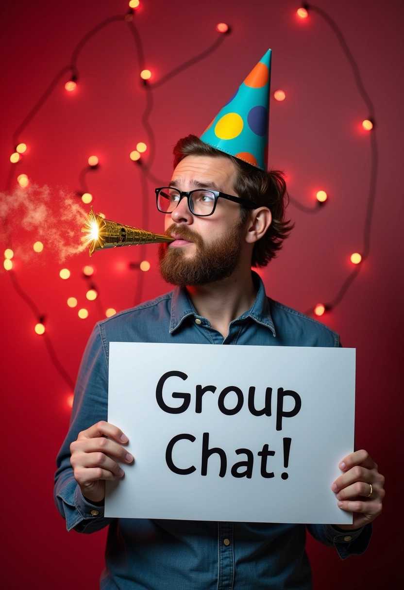 Create an image of a guy wearing a party hat, blowing a party whistle hold a sign with the words "Group Chat!" background a party