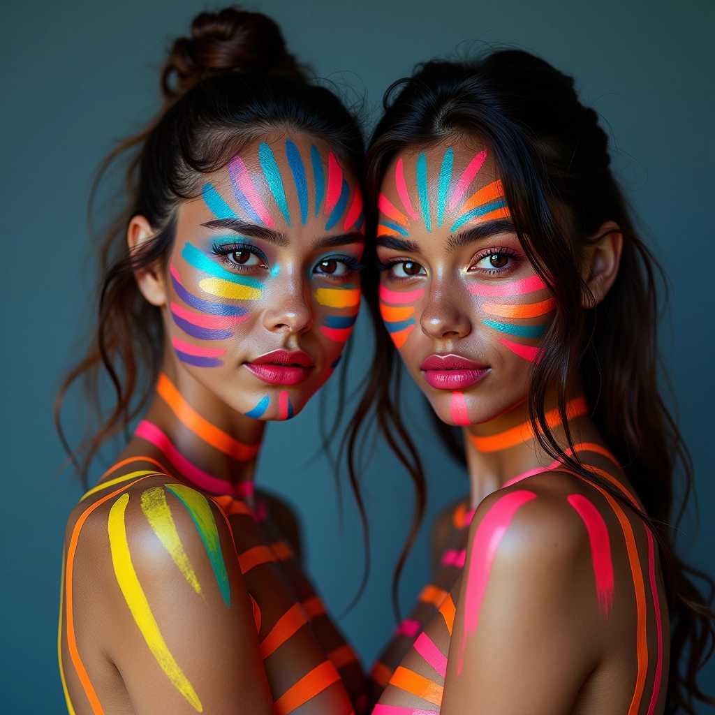 Two models with colorful zebra stripes painted on their bodies, professional photography with color grading, soft shadows, low contrast, and clean, sharp focus digital photography