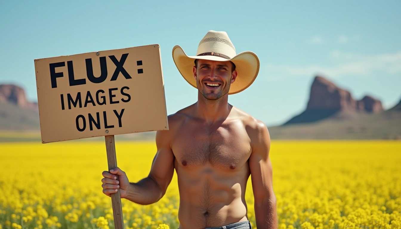 Handsome blonde shirtless guy wearing a cowboy hat holding a sign with the words "FLUX AI IMAGES ONLY" background a canola field and rockies