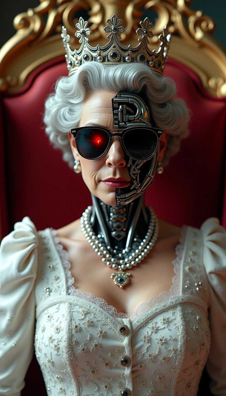 A high quality, high accuracy and highly detailed image of a queen Elizabeth depicted as a half exo-skeleton terminator and half human (queen of England). 
wearing terminators sunglasses with the glass broken on the machine side and a red terminator eye shining through the glasses. She is wearing her royal dress, crown. half the face is cyborg, sitting on a throne in Buckingham palace, the background must be a mix of a really fancy royal palace and an apocalyptic wasteland.  high 4k, hyperdetailed, ultra HD, photo realistic