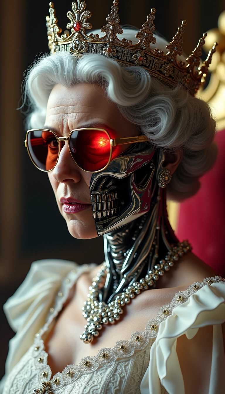 A high quality, high accuracy and highly detailed image of a queen Elizabeth depicted as a half exo-skeleton terminator and half human (queen of England). 
wearing terminators sunglasses with the glass broken on the machine side and a red terminator eye shining through the glasses. She is wearing her royal dress, crown. half the face is cyborg, sitting on a throne in Buckingham palace, the background must be a mix of a really fancy royal palace and an apocalyptic wasteland.  high 4k, hyperdetailed, ultra HD, photo realistic