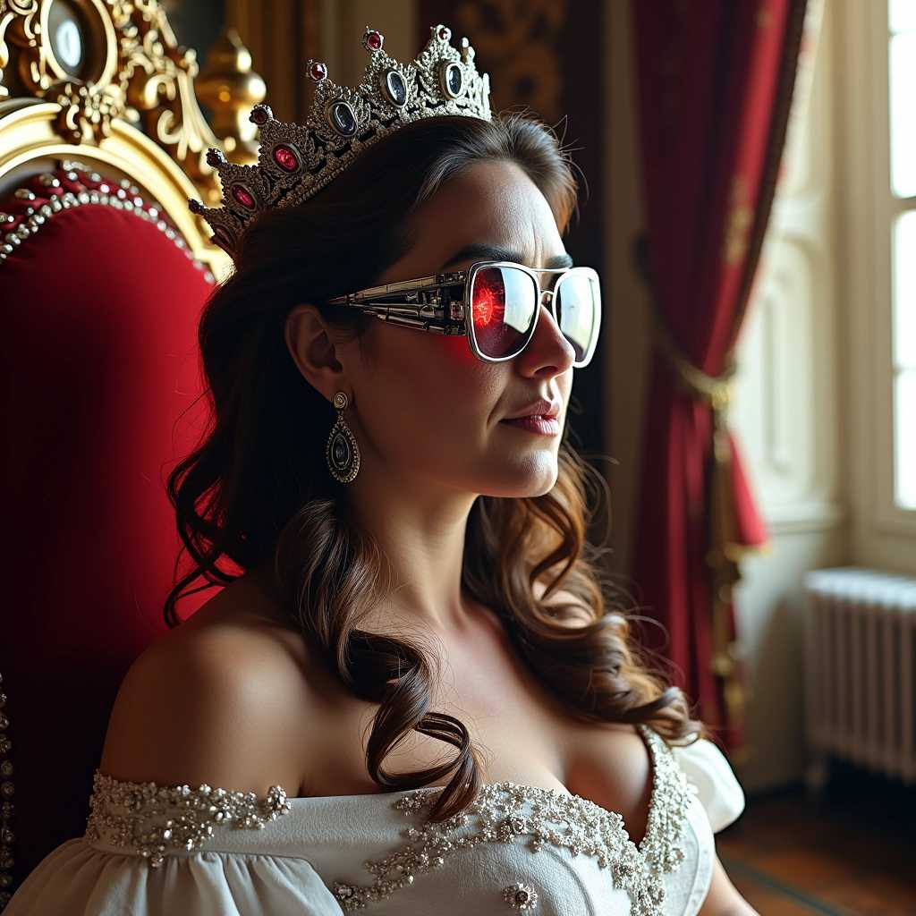 A high quality, high accuracy and highly detailed image of ALEMAP woman depicted as a half exo-skeleton terminator and half human (queen of England). 
wearing terminators sunglasses with the glass broken on the machine side and a red terminator eye shining through the glasses. She is wearing her royal dress, crown. half the face is cyborg, sitting on a throne in Buckingham palace, the background must be a mix of a really fancy royal palace and an apocalyptic wasteland.  high 4k, hyperdetailed, ultra HD, photo realistic