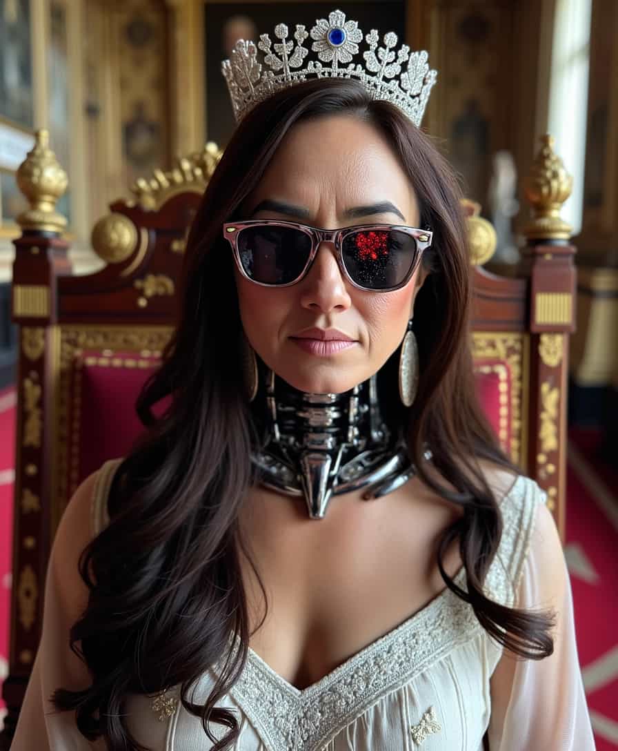 A high quality, high accuracy and highly detailed image of ALEMAP woman depicted as a half exo-skeleton terminator and half human (queen of England). 
wearing terminators sunglasses with the glass broken on the machine side and a red terminator eye shining through the glasses. She is wearing her royal dress, crown. half the face is cyborg, sitting on a throne in Buckingham palace, the background must be a mix of a really fancy royal palace and an apocalyptic wasteland.  high 4k, hyperdetailed, ultra HD, photo realistic