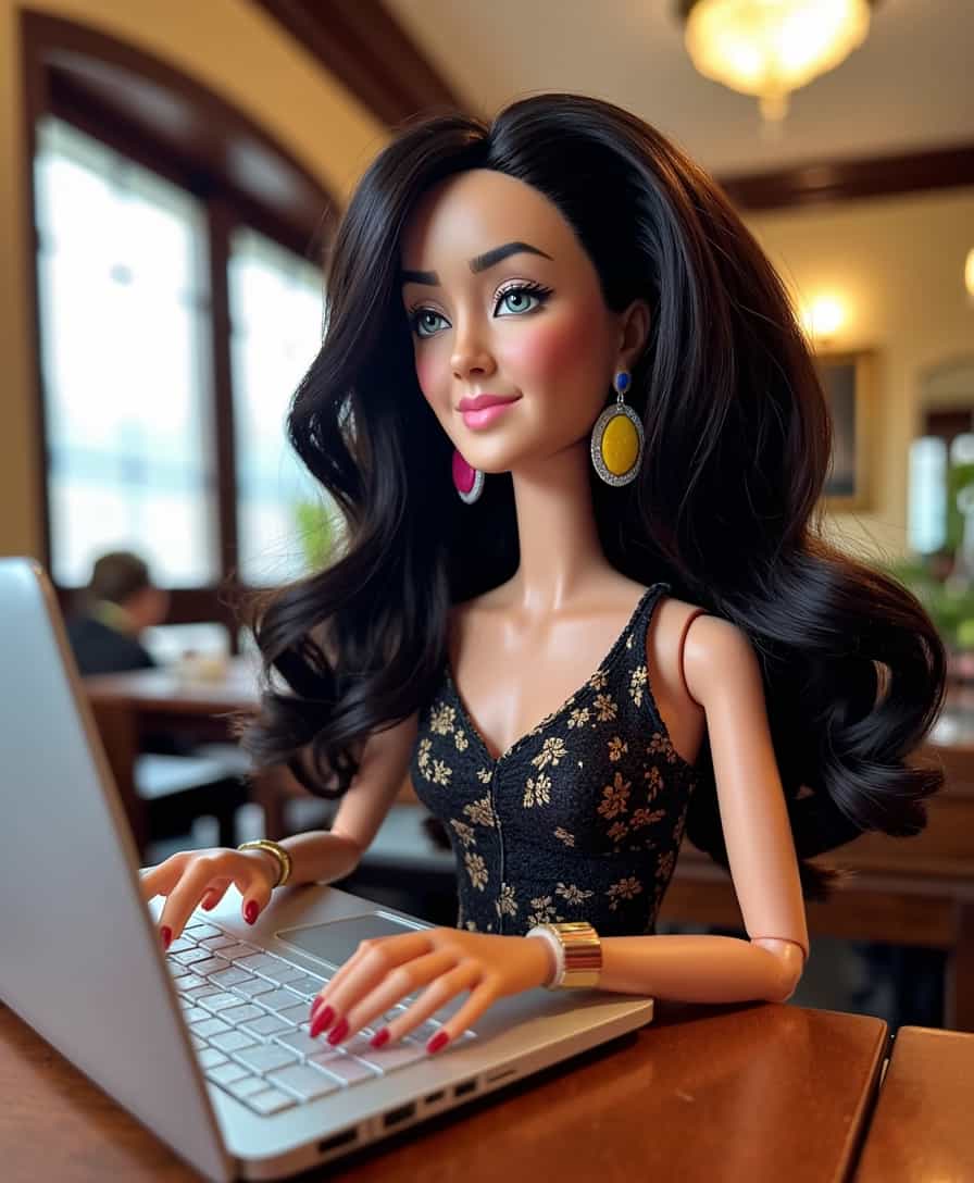  a Barbie doll resembling ALEMAP, with elegance and glamour, working on a macbook pro. The doll has a classic  style with large colorful ear rings, with black curls and a vintage outfit, reminiscent of ALEMAP womans looks including her green eyes. coquettish smile. The setting is a cafe in Lisbon. Soft lighting casts a warm, inviting glow over the scene, highlighting the doll's timeless beauty.