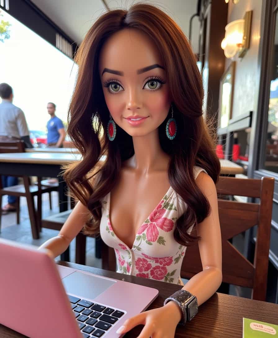 Fashionable Doll with Laptop at Cafe