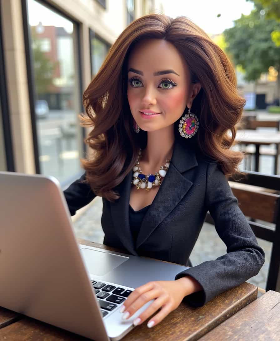  a Barbie doll resembling ALEMAP, with elegance and glamour, working on a macbook pro. The doll has a classic style with large colorful ear rings, with brown balayage medium length hair with wavy curls and  a business chic outfit, reminiscent of ALEMAP womans looks including her green eyes. coquettish smile. The setting is an outdoor space in downtown Lisbon. Soft lighting casts a warm, inviting glow over the scene, highlighting the doll's timeless beauty.