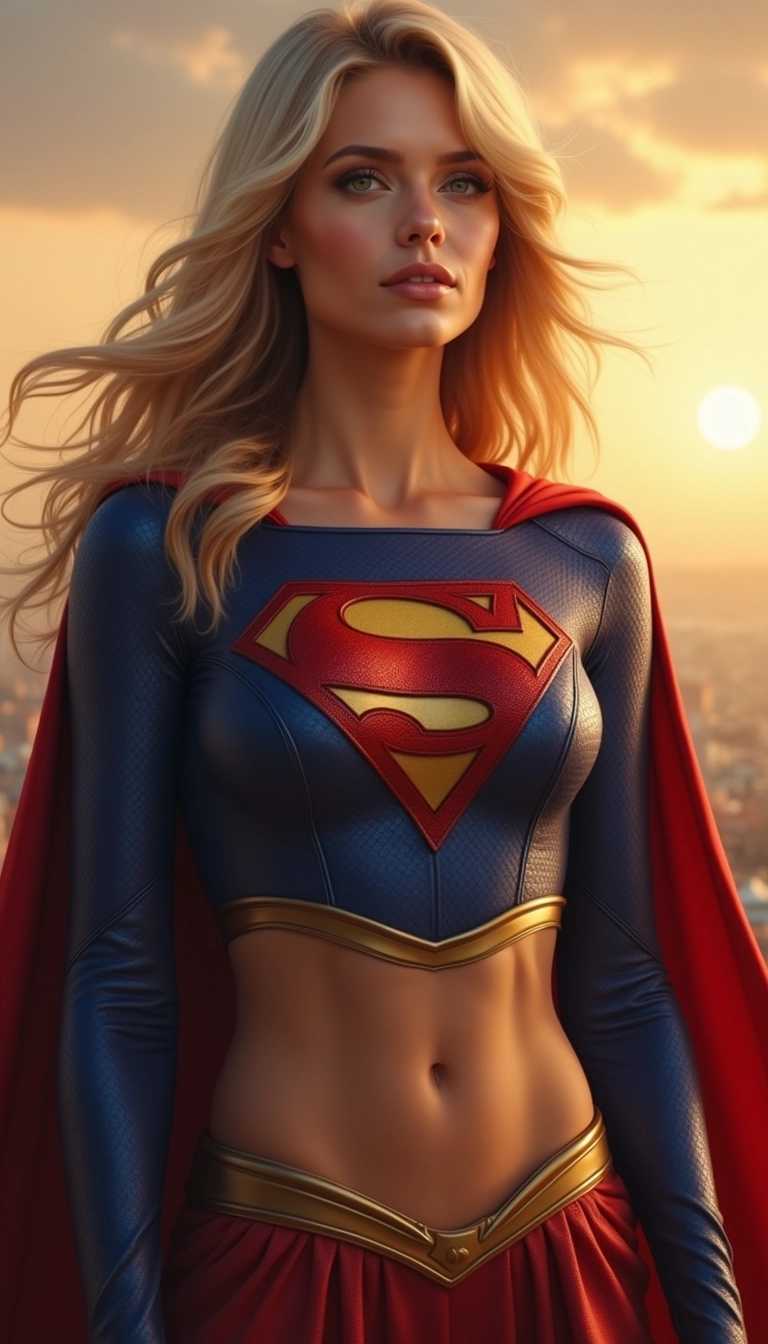 Gorgeous Supergirl portrait, stunning, golden hour, masterpiece, show abs, show stomach, fine details, hyperdetailed, HDR, 8k, oil painting