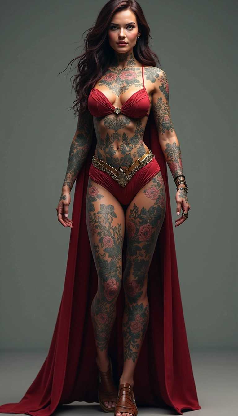  A full body, Samantha McLeod with tattoo's, featuring superman, symbiotic transform, style expressive, ultra realism, raytracing, translucent, 16K, 32K, ( character from Snakes on a Plane)