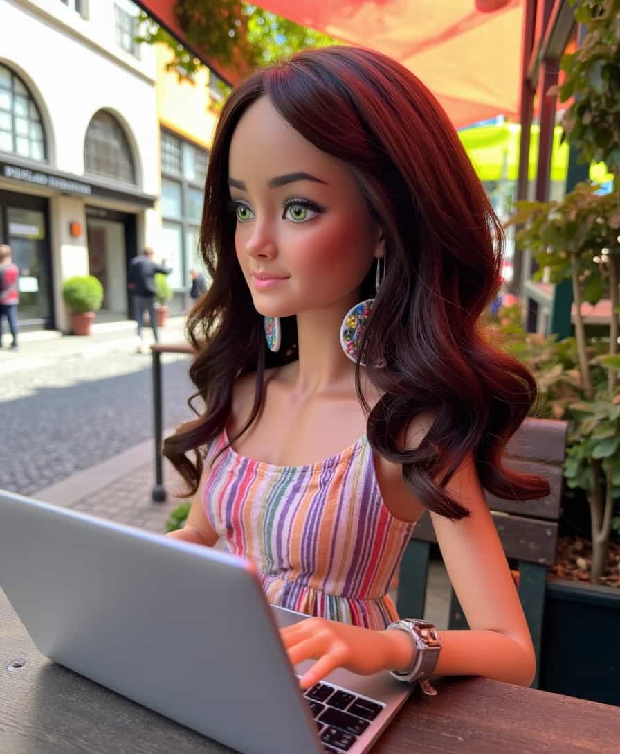 A highly detailed Barbie doll resembling ALEMAP, sitting at an outdoor café in downtown Lisbon, working diligently on a sleek MacBook Pro; large colorful earrings framing her face, which is adorned with bright green eyes. Her brown balayage medium-length hair cascades in wavy curls, perfectly complementing her business chic outfit. The ensemble exudes contemporary elegance and professionalism, blending soft pastels with sophisticated cuts. The setting is vibrant and lively, capturing the essence of Lisbon's bustling streets with historic facades and sun-dappled cobblestones. The afternoon light bathes the scene in a warm golden glow, creating a harmonious and inviting atmosphere. In the background, iconic Lisbon landmarks and everyday urban life add depth and context to this visually stunning composition.