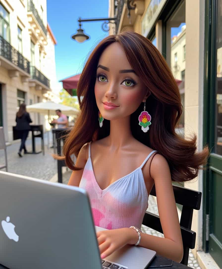 A highly detailed Barbie doll resembling ALEMAP, sitting at an outdoor café in downtown Lisbon, working diligently on a sleek MacBook Pro; looking at the viewer, large colorful earrings framing her face, which is adorned with bright green eyes. Her brown balayage medium-length hair cascades in wavy curls, perfectly complementing her business chic outfit. The ensemble exudes contemporary elegance and professionalism, blending soft pastels with sophisticated cuts. The setting is vibrant and lively, capturing the essence of Lisbon's bustling streets with historic facades and sun-dappled cobblestones. The afternoon light bathes the scene in a warm golden glow, creating a harmonious and inviting atmosphere. In the background, iconic Lisbon landmarks and everyday urban life add depth and context to this visually stunning composition.