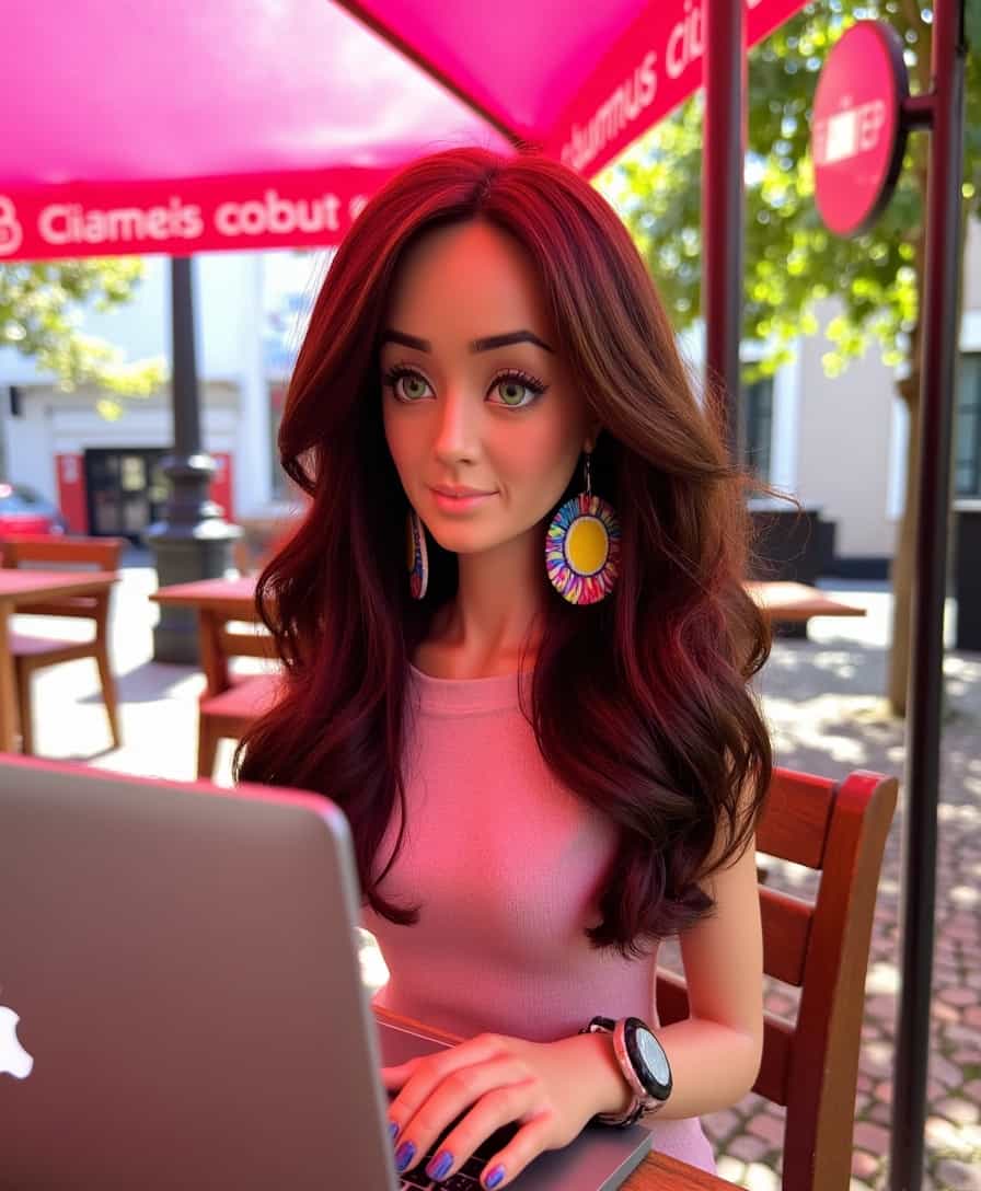 A highly detailed Barbie doll resembling ALEMAP, sitting at an outdoor café in downtown Lisbon, working diligently on a sleek MacBook Pro; looking at the viewer, large colorful earrings framing her face, which is adorned with bright green eyes. Her brown balayage medium-length hair cascades in wavy curls, perfectly complementing her business chic outfit. The ensemble exudes contemporary elegance and professionalism, blending soft pastels with sophisticated cuts. The setting is vibrant and lively, capturing the essence of Lisbon's bustling streets with historic facades and sun-dappled cobblestones. The afternoon light bathes the scene in a warm golden glow, creating a harmonious and inviting atmosphere. In the background, iconic Lisbon landmarks and everyday urban life add depth and context to this visually stunning composition.