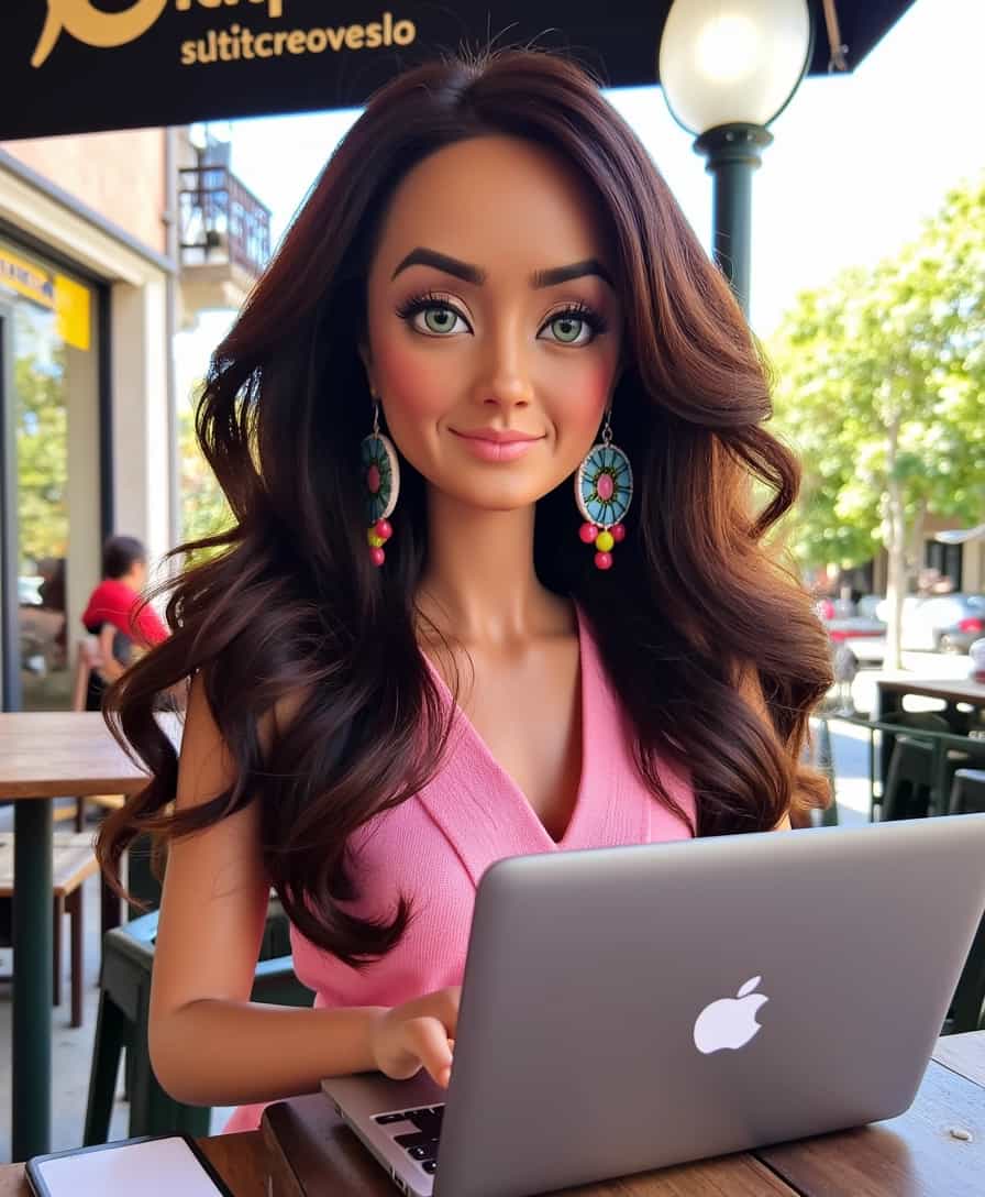 A highly detailed Barbie doll resembling ALEMAP, sitting at an outdoor café in downtown Lisbon, working diligently on a sleek MacBook Pro; looking at the viewer, large colorful earrings framing her face, which is adorned with bright green eyes. Her brown balayage medium-length hair cascades in wavy curls, perfectly complementing her business chic outfit. The ensemble exudes contemporary elegance and professionalism, blending soft pastels with sophisticated cuts. The setting is vibrant and lively, capturing the essence of Lisbon's bustling streets with historic facades and sun-dappled cobblestones. The afternoon light bathes the scene in a warm golden glow, creating a harmonious and inviting atmosphere. In the background, iconic Lisbon landmarks and everyday urban life add depth and context to this visually stunning composition.