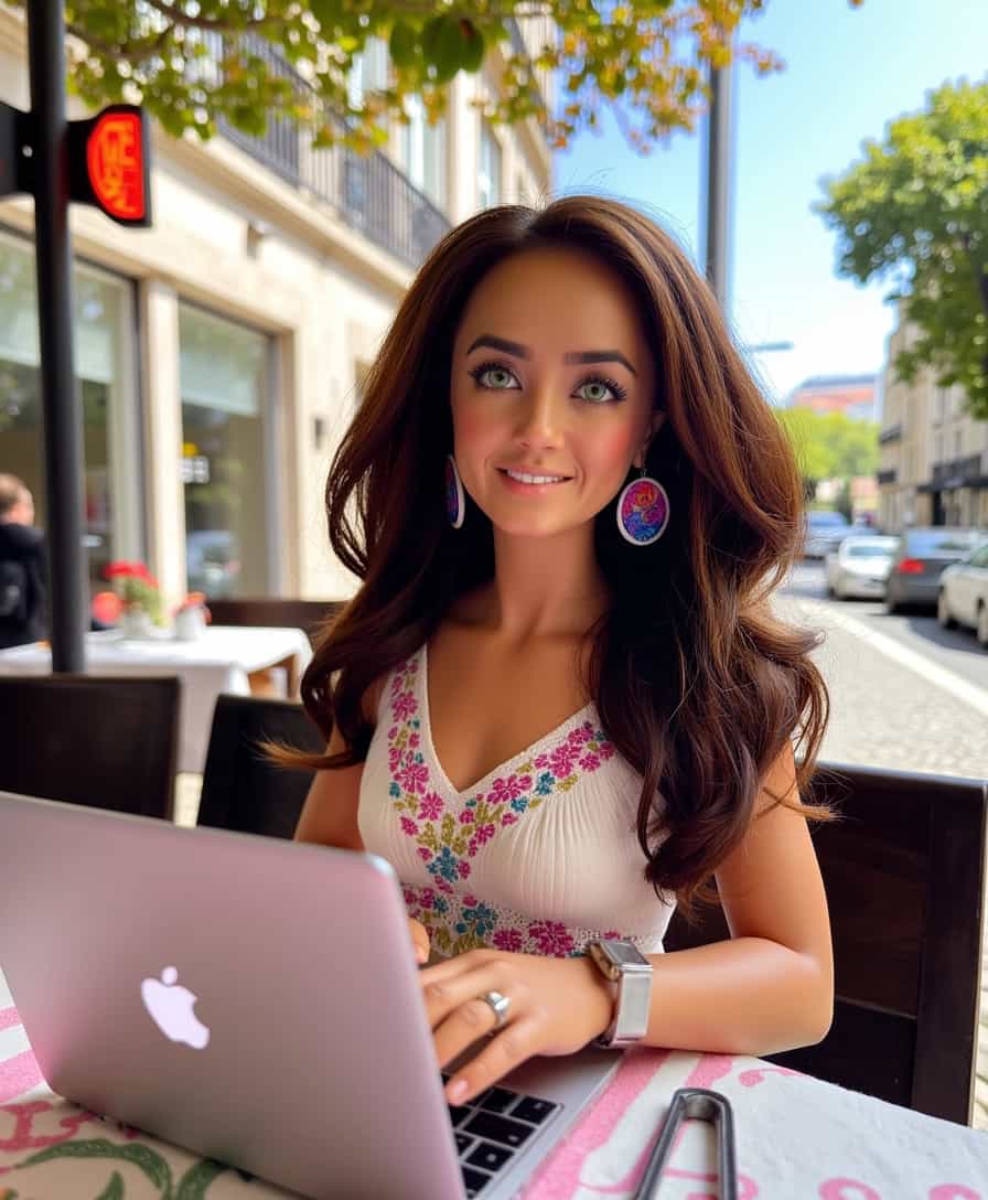 A highly detailed Barbie doll resembling ALEMAP, sitting at an outdoor café in downtown Lisbon, working diligently on a sleek MacBook Pro; looking at the viewer, large colorful earrings framing her face, which is adorned with bright green eyes. Her brown balayage medium-length hair cascades in wavy curls, perfectly complementing her business chic outfit. The ensemble exudes contemporary elegance and professionalism, blending soft pastels with sophisticated cuts. The setting is vibrant and lively, capturing the essence of Lisbon's bustling streets with historic facades and sun-dappled cobblestones. The afternoon light bathes the scene in a warm golden glow, creating a harmonious and inviting atmosphere. In the background, iconic Lisbon landmarks and everyday urban life add depth and context to this visually stunning composition.