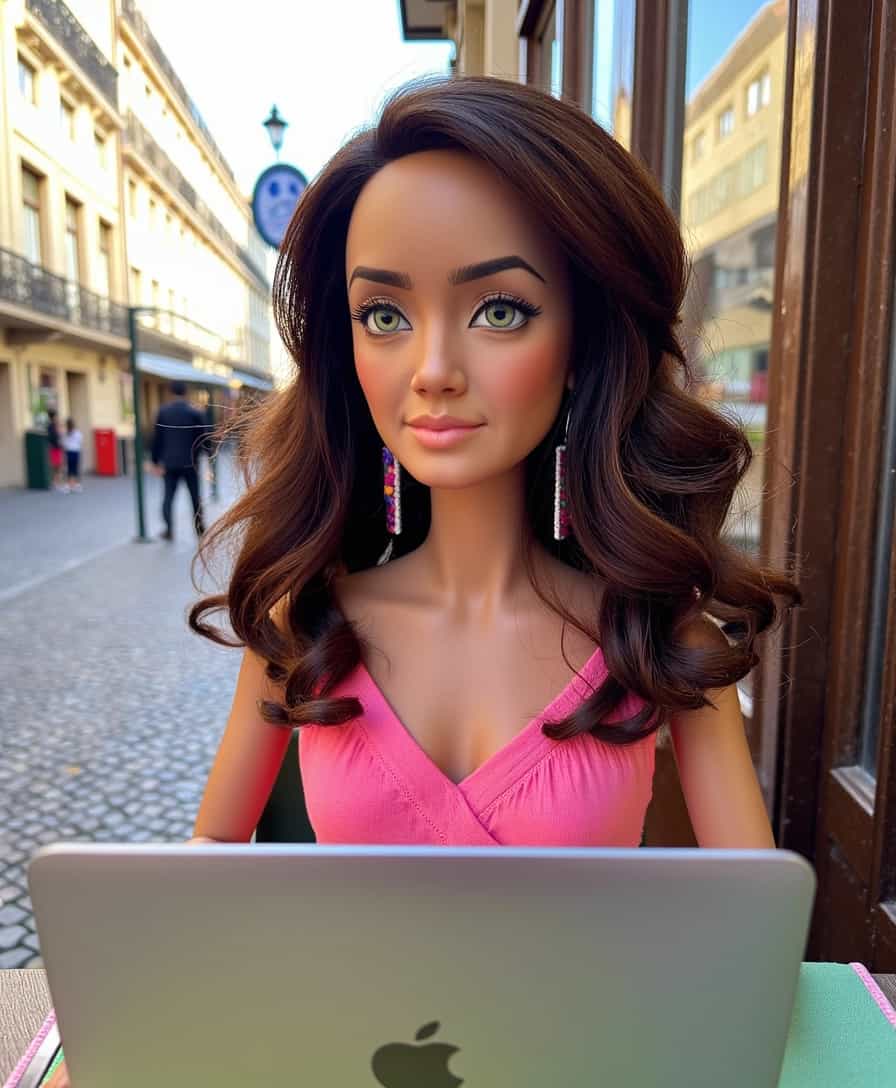 A highly detailed Barbie doll resembling ALEMAP, sitting at an outdoor café in downtown Lisbon, working diligently on a sleek MacBook Pro; looking at the viewer, large colorful earrings framing her face, which is adorned with bright green eyes. Her brown balayage medium-length hair cascades in wavy curls, perfectly complementing her business chic outfit. The ensemble exudes contemporary elegance and professionalism, blending soft pastels with sophisticated cuts. The setting is vibrant and lively, capturing the essence of Lisbon's bustling streets with historic facades and sun-dappled cobblestones. The afternoon light bathes the scene in a warm golden glow, creating a harmonious and inviting atmosphere. In the background, iconic Lisbon landmarks and everyday urban life add depth and context to this visually stunning composition.