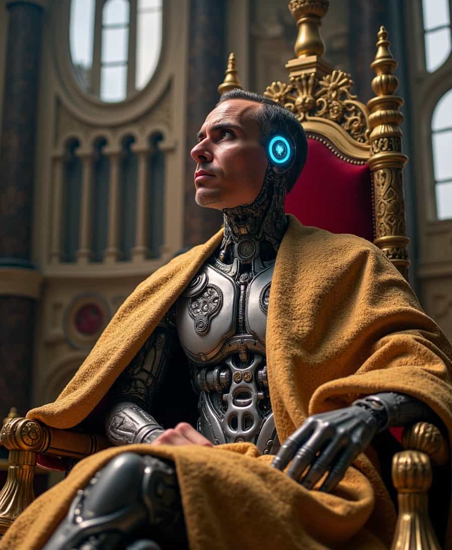 A hyper-detailed portrait of BLOVE man, depicted as a half-robot king. He stands regally on a grand throne embedded with intricate gears and futuristic circuits, symbolizing his fusion of royalty and advanced technology. His left half exudes the natural charisma with weathered, noble features framed by a flowing royal cloak adorned with golden embroidery. The other half reveals a complex array of metallic components, seamlessly blending with his organic form. His robotic eye glows a vibrant blue, and mechanical arms extend rigidly with precision. The background is an opulent throne room with high arched windows, casting dramatic beams of light that emphasize his dual nature. The overall composition balances the regal elegance and the cold precision of technology, creating a powerful and captivating image. The mood is one of awe and respect, with cool metallic tones contrasted by the warm, rich colors of the regal attire. High shutter speed and high resolution are used to capture every detail in sharp focus.