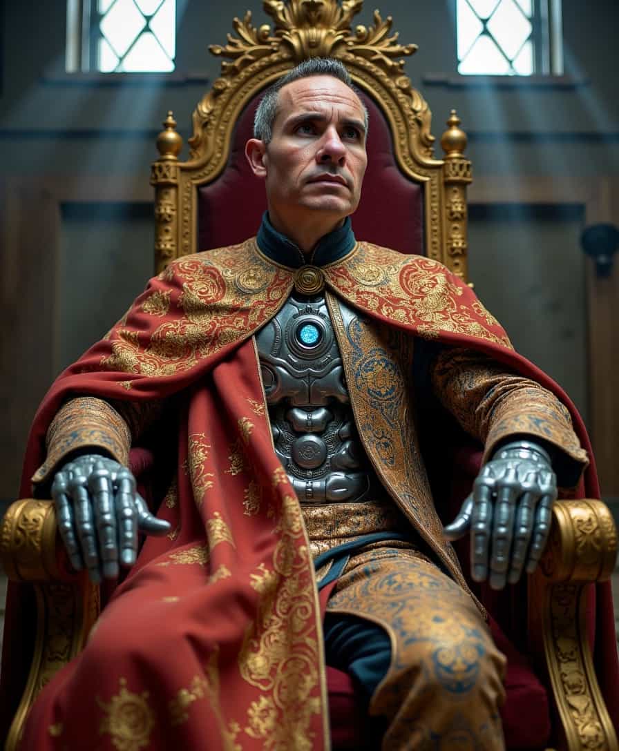 A hyper-detailed portrait of BLOVE man, depicted as a half-robot king. He stands regally on a grand throne embedded with intricate gears and futuristic circuits, symbolizing his fusion of royalty and advanced technology. His left half exudes the natural charisma with weathered, noble features framed by a flowing royal cloak adorned with golden embroidery. The other half reveals a complex array of metallic components, seamlessly blending with his organic form. His robotic eye glows a vibrant blue, and mechanical arms extend rigidly with precision. The background is an opulent throne room with high arched windows, casting dramatic beams of light that emphasize his dual nature. The overall composition balances the regal elegance and the cold precision of technology, creating a powerful and captivating image. The mood is one of awe and respect, with cool metallic tones contrasted by the warm, rich colors of the regal attire. High shutter speed and high resolution are used to capture every detail in sharp focus.