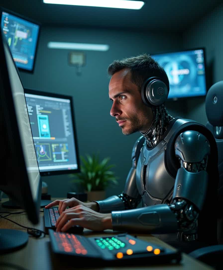 A hyper-detailed portrait of BLOVE man, depicted as a half-robot, sitting behind a high-powered advanced computer. His human half is expressive and rugged, with intricate textures detailing stubble, worn skin, and scars, juxtaposed against the sleek, metallic and highly polished surface of his robotic half. The scene is set in a dimly lit, futuristic room, where cold blue and green lights emanate from the numerous screens and holographic displays that surround him, casting an eerie yet focused ambiance. His human eye glows with intensity and determination, while his robotic eye shines a bright, piercing neon blue. The advanced computer features an array of sophisticated tech elements, illuminated keyboards, floating virtual interfaces, and holographic data streams that add layers of complexity to the scene. The composition focuses closely on his upper body and face, capturing the intricate balance between man and machine, seen from a slightly low angle to emphasize his dominance and presence. The atmosphere is filled with a sense of urgency and intelligence, inspired by cyberpunk aesthetics, aiming for a photorealistic style that highlights the textures, reflections, and lighting in exquisite detail.