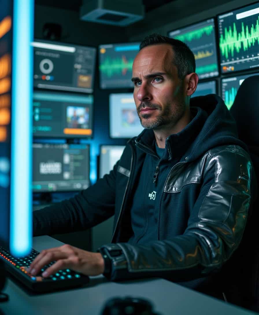 A hyper-detailed portrait of BLOVE man, depicted as a half-robot, sitting behind a high-powered advanced computer. His human half is expressive and rugged, with intricate textures detailing stubble, worn skin, and scars, juxtaposed against the sleek, metallic and highly polished surface of his robotic half. The scene is set in a dimly lit, futuristic room, where cold blue and green lights emanate from the numerous screens and holographic displays that surround him, casting an eerie yet focused ambiance. His human eye glows with intensity and determination, while his robotic eye shines a bright, piercing neon blue. The advanced computer features an array of sophisticated tech elements, illuminated keyboards, floating virtual interfaces, and holographic data streams that add layers of complexity to the scene. The composition focuses closely on his upper body and face, capturing the intricate balance between man and machine, seen from a slightly low angle to emphasize his dominance and presence. The atmosphere is filled with a sense of urgency and intelligence, inspired by cyberpunk aesthetics, aiming for a photorealistic style that highlights the textures, reflections, and lighting in exquisite detail.