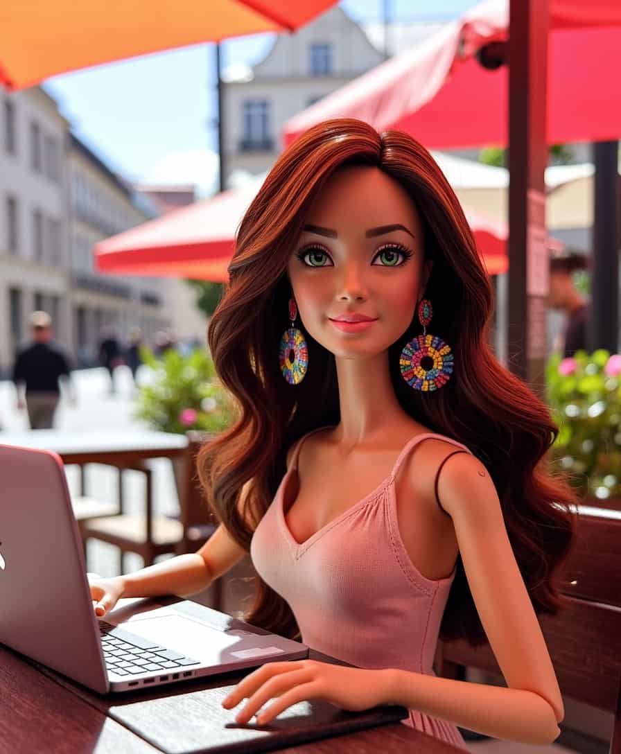 A highly detailed Barbie doll resembling ALEMAP, sitting at an outdoor café in downtown Lisbon, working diligently on a sleek MacBook Pro; looking at the viewer, large colorful earrings framing her face, which is adorned with bright green eyes. Her brown balayage medium-length hair cascades in wavy curls, perfectly complementing her business chic outfit. The ensemble exudes contemporary elegance and professionalism, blending soft pastels with sophisticated cuts. The setting is vibrant and lively, capturing the essence of Lisbon's bustling streets with historic facades and sun-dappled cobblestones. The afternoon light bathes the scene in a warm golden glow, creating a harmonious and inviting atmosphere. In the background, iconic Lisbon landmarks and everyday urban life add depth and context to this visually stunning composition.