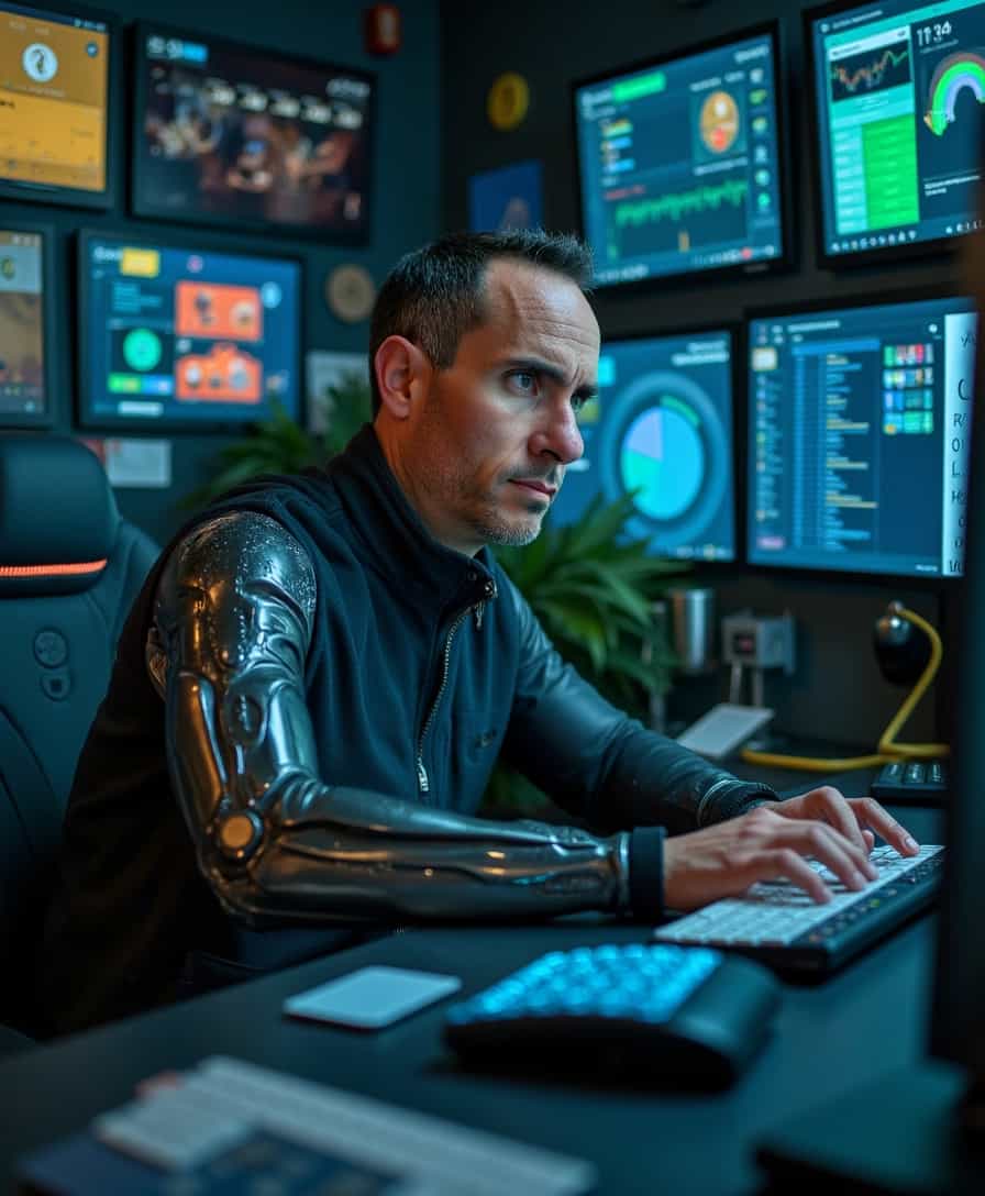 A hyper-detailed portrait of BLOVE man, depicted as a half-robot, sitting behind a high-powered advanced computer. His human half is expressive and rugged, with intricate textures detailing stubble, worn skin, and scars, juxtaposed against the sleek, metallic and highly polished surface of his robotic half. The scene is set in a dimly lit, futuristic room, where cold blue and green lights emanate from the numerous screens and holographic displays that surround him, casting an eerie yet focused ambiance. His human eye glows with intensity and determination, while his robotic eye shines a bright, piercing neon blue. The advanced computer features an array of sophisticated tech elements, illuminated keyboards, floating virtual interfaces, and holographic data streams that add layers of complexity to the scene. The composition focuses closely on his upper body and face, capturing the intricate balance between man and machine, seen from a slightly low angle to emphasize his dominance and presence. The atmosphere is filled with a sense of urgency and intelligence, inspired by cyberpunk aesthetics, aiming for a photorealistic style that highlights the textures, reflections, and lighting in exquisite detail.