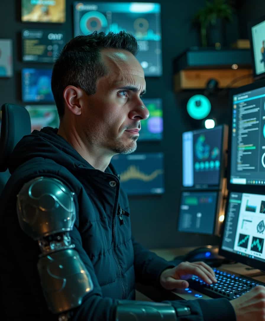 A hyper-detailed portrait of BLOVE man, depicted as a half-robot, sitting behind a high-powered advanced computer. His human half is expressive and rugged, with intricate textures detailing stubble, worn skin, and scars, juxtaposed against the sleek, metallic and highly polished surface of his robotic half. The scene is set in a dimly lit, futuristic room, where cold blue and green lights emanate from the numerous screens and holographic displays that surround him, casting an eerie yet focused ambiance. His human eye glows with intensity and determination, while his robotic eye shines a bright, piercing neon blue. The advanced computer features an array of sophisticated tech elements, illuminated keyboards, floating virtual interfaces, and holographic data streams that add layers of complexity to the scene. The composition focuses closely on his upper body and face, capturing the intricate balance between man and machine, seen from a slightly low angle to emphasize his dominance and presence. The atmosphere is filled with a sense of urgency and intelligence, inspired by cyberpunk aesthetics, aiming for a photorealistic style that highlights the textures, reflections, and lighting in exquisite detail.
