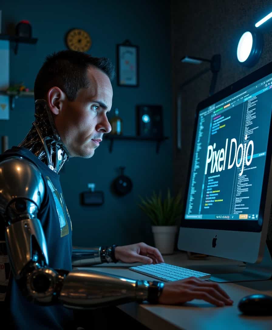 A hyper-detailed portrait of a futuristic BLOVE man, half human, half robot, deeply engrossed in programming on a computer. The human side of his face showcases realistic skin texture with expressive, focused eyes, faint stubble, and short, neatly kept hair. The robotic side features intricate circuitry, chrome plating, and glowing blue LED lights. The robotic arm is in sharp contrast to the human arm, with sleek metal fingers typing swiftly.

The computer screen prominently displays the words "Pixel Dojo" in a futuristic font, contrasting sharply against a dark background filled with lines of code. The room is illuminated by the computer screen’s glow, casting a cool blue light on the subject’s face and creating dramatic shadows. Additional ambient lighting is provided by subtle neon strips on the walls, giving the scene a cyberpunk aesthetic.

Set against a dark, tech-laden background studded with various high-tech gadgets and devices, the atmosphere is tense and focused. The camera angle is slightly over-the-shoulder, focusing on both the subject’s concentrated expression and the computer screen, ensuring that the "Pixel Dojo" text is clearly readable. The overall mood is futuristic and intense, with a palette dominated by blues, silvers, and subtle hints of warm light reflecting off the metallic