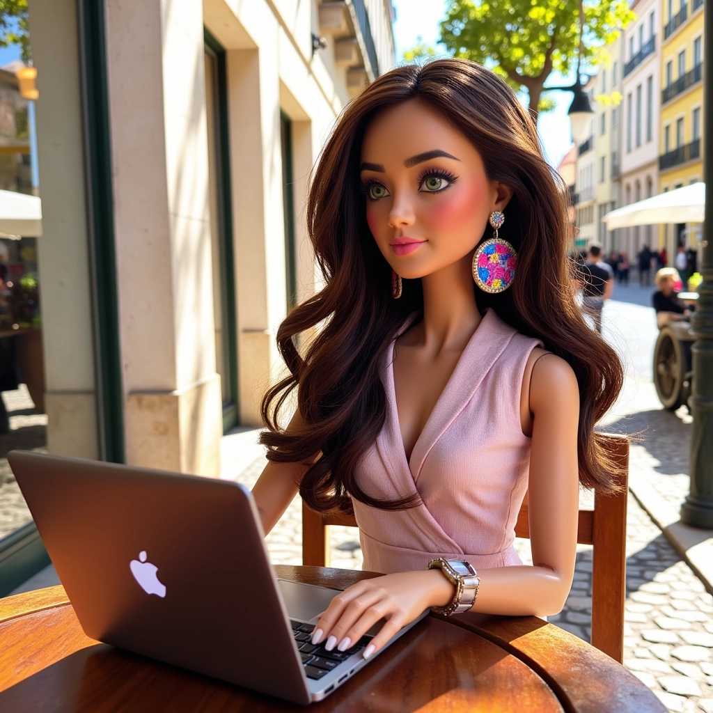 Barbie Doll in a Pink Dress, Wearing Statement Earrings, Working on a MacBook at an Outdoor Cafe
