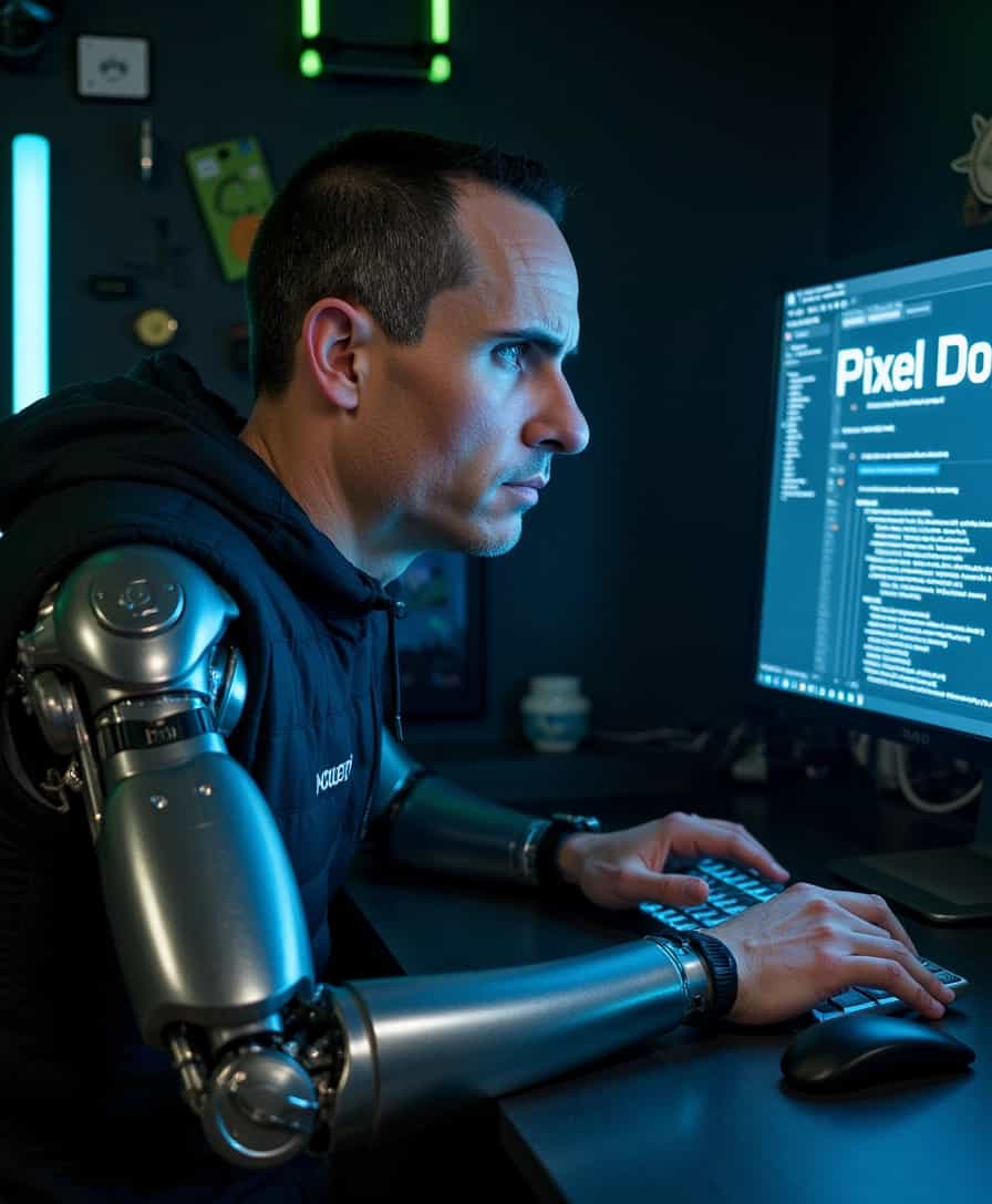 A hyper-detailed portrait of a futuristic BLOVE man, half human, half robot, deeply engrossed in programming on a computer. The human side of his face showcases realistic skin texture with expressive, focused eyes, faint stubble, and short, neatly kept hair. The robotic side features intricate circuitry, chrome plating, and glowing blue LED lights. The robotic arm is in sharp contrast to the human arm, with sleek metal fingers typing swiftly.

The computer screen prominently displays the words "Pixel Dojo" in a futuristic font, contrasting sharply against a dark background filled with lines of code. The room is illuminated by the computer screen’s glow, casting a cool blue light on the subject’s face and creating dramatic shadows. Additional ambient lighting is provided by subtle neon strips on the walls, giving the scene a cyberpunk aesthetic.

Set against a dark, tech-laden background studded with various high-tech gadgets and devices, the atmosphere is tense and focused. The camera angle is slightly over-the-shoulder, focusing on both the subject’s concentrated expression and the computer screen, ensuring that the "Pixel Dojo" text is clearly readable. The overall mood is futuristic and intense, with a palette dominated by blues, silvers, and subtle hints of warm light reflecting off the metallic
