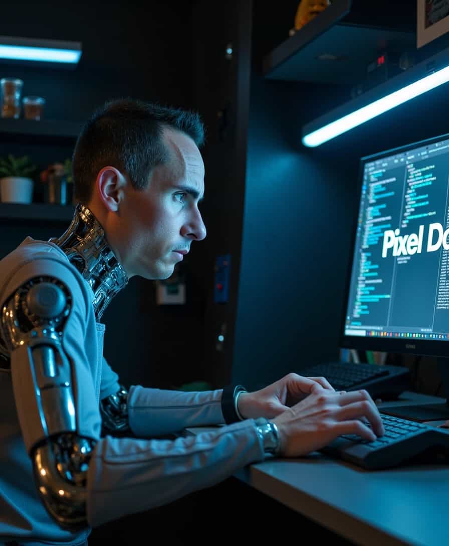 A hyper-detailed portrait of a futuristic BLOVE man, half human, half robot, deeply engrossed in programming on a computer. The human side of his face showcases realistic skin texture with expressive, focused eyes, faint stubble, and short, neatly kept hair. The robotic side features intricate circuitry, chrome plating, and glowing blue LED lights. The robotic arm is in sharp contrast to the human arm, with sleek metal fingers typing swiftly.

The computer screen prominently displays the words "Pixel Dojo" in a futuristic font, contrasting sharply against a dark background filled with lines of code. The room is illuminated by the computer screen’s glow, casting a cool blue light on the subject’s face and creating dramatic shadows. Additional ambient lighting is provided by subtle neon strips on the walls, giving the scene a cyberpunk aesthetic.

Set against a dark, tech-laden background studded with various high-tech gadgets and devices, the atmosphere is tense and focused. The camera angle is slightly over-the-shoulder, focusing on both the subject’s concentrated expression and the computer screen, ensuring that the "Pixel Dojo" text is clearly readable. The overall mood is futuristic and intense, with a palette dominated by blues, silvers, and subtle hints of warm light reflecting off the metallic