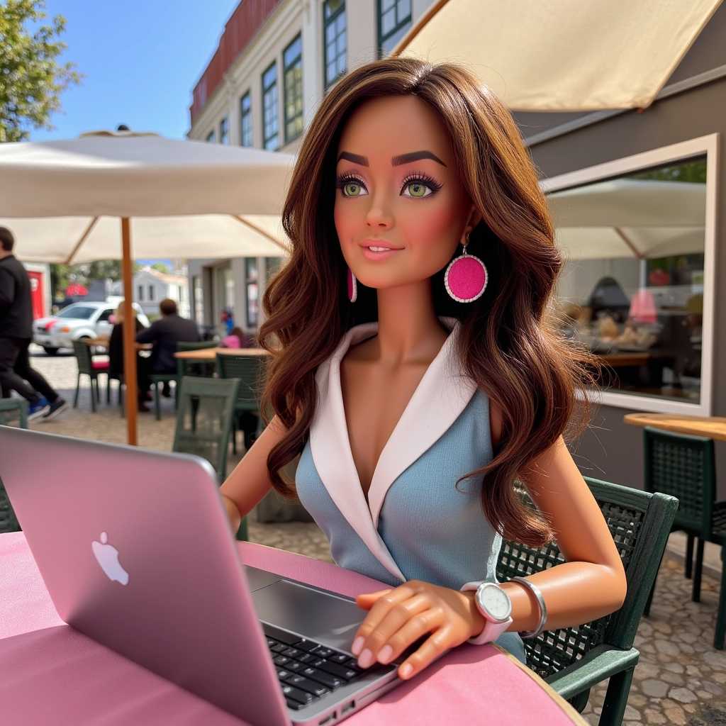 A highly detailed Barbie doll resembling ALEMAP, sitting at an outdoor café in downtown Lisbon, working diligently on a sleek MacBook Pro; looking at the viewer, large colorful earrings framing her face, which is adorned with bright green eyes. Her brown balayage medium-length hair like shakira, perfectly complementing her business chic outfit. The ensemble exudes contemporary elegance and professionalism, blending soft pastels with sophisticated cuts. The setting is vibrant and lively, capturing the essence of Lisbon's bustling streets with historic facades and sun-dappled cobblestones. The afternoon light bathes the scene in a warm golden glow, creating a harmonious and inviting atmosphere. In the background, iconic Lisbon landmarks and everyday urban life add depth and context to this visually stunning composition.
