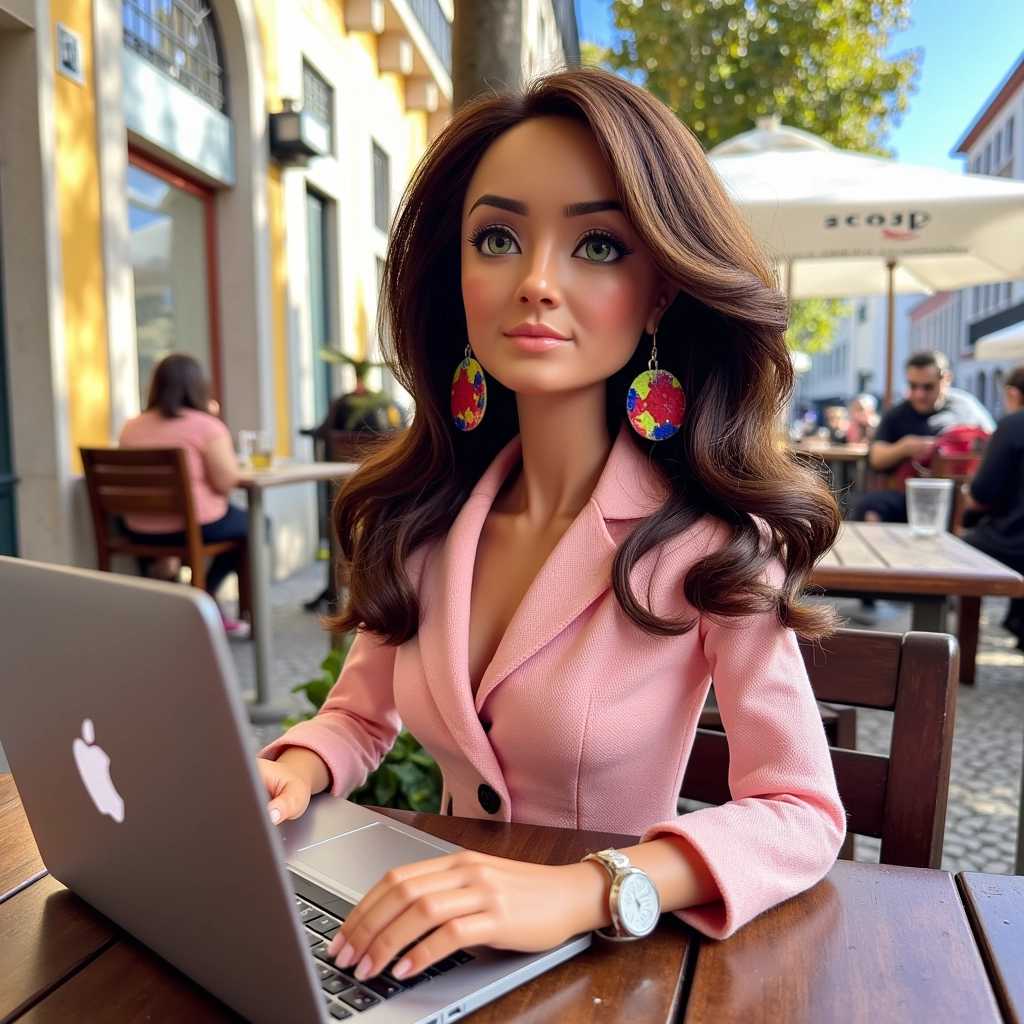 A highly detailed Barbie doll resembling ALEMAP, sitting at an outdoor café in downtown Lisbon, working diligently on a sleek MacBook Pro; looking at the viewer, large colorful earrings framing her face, which is adorned with bright green eyes. Her brown balayage medium-length hair like shakira, perfectly complementing her business chic outfit. The ensemble exudes contemporary elegance and professionalism, blending soft pastels with sophisticated cuts. The setting is vibrant and lively, capturing the essence of Lisbon's bustling streets with historic facades and sun-dappled cobblestones. The afternoon light bathes the scene in a warm golden glow, creating a harmonious and inviting atmosphere. In the background, iconic Lisbon landmarks and everyday urban life add depth and context to this visually stunning composition.