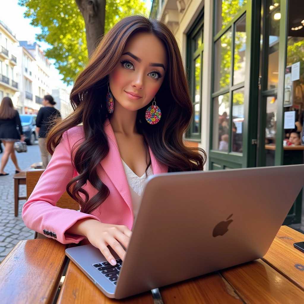 A highly detailed Barbie doll resembling ALEMAP, sitting at an outdoor café in downtown Lisbon, working diligently on a sleek MacBook Pro; looking at the viewer, large colorful earrings framing her face, which is adorned with bright green eyes. Her brown balayage medium-length hair like shakira, perfectly complementing her business chic outfit. The ensemble exudes contemporary elegance and professionalism, blending soft pastels with sophisticated cuts. The setting is vibrant and lively, capturing the essence of Lisbon's bustling streets with historic facades and sun-dappled cobblestones. The afternoon light bathes the scene in a warm golden glow, creating a harmonious and inviting atmosphere. In the background, iconic Lisbon landmarks and everyday urban life add depth and context to this visually stunning composition.