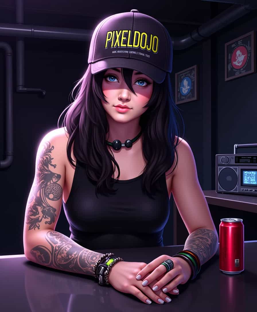 This image is a digital artwork that showcases ALEMAP with a very detailed and stylized appearance. The art style is reminiscent of anime with a strong emphasis on character design and vibrant colors. The medium appears to be a digital painting, given the smooth blending of colors and the lack of texture that might be present in traditional mediums.The character is wearing a black tank top and a baseball cap with the word PIXELDOJO and a ninja on the side design on it. The cap is worn backwards, which is a common style associated with rebellious or alternative subcultures. The character has long, dark hair that falls over the shoulders and is adorned with various rings and bracelets, adding to the edgy, punk rock aesthetic.The tattooed arm is prominently displayed, with a variety of intricate designs including a skull, a bird, and what seems to be a heart with a cross. The tattoos are rendered with a high level of detail, showcasing shading and highlights that give them a three-dimensional appearance.The colors in the image are rich and varied, with a predominance of dark tones that contrast with the bright, almost neonlike colors of the tattoos and the characters eyes. The background is a dimly lit room with industrial elements, such as pipes and what appears to be a radio or stereo system. There is a red can on the table, which adds a pop of color to the otherwise dark setting.Overall, the image exudes a sense of rebellion and individuality, emphasized by the characters tattoos, pun inspired accessories, and the gritty, urban backdrop. The use of light and shadow in the digital painting adds depth and a sense of drama to the composition.
