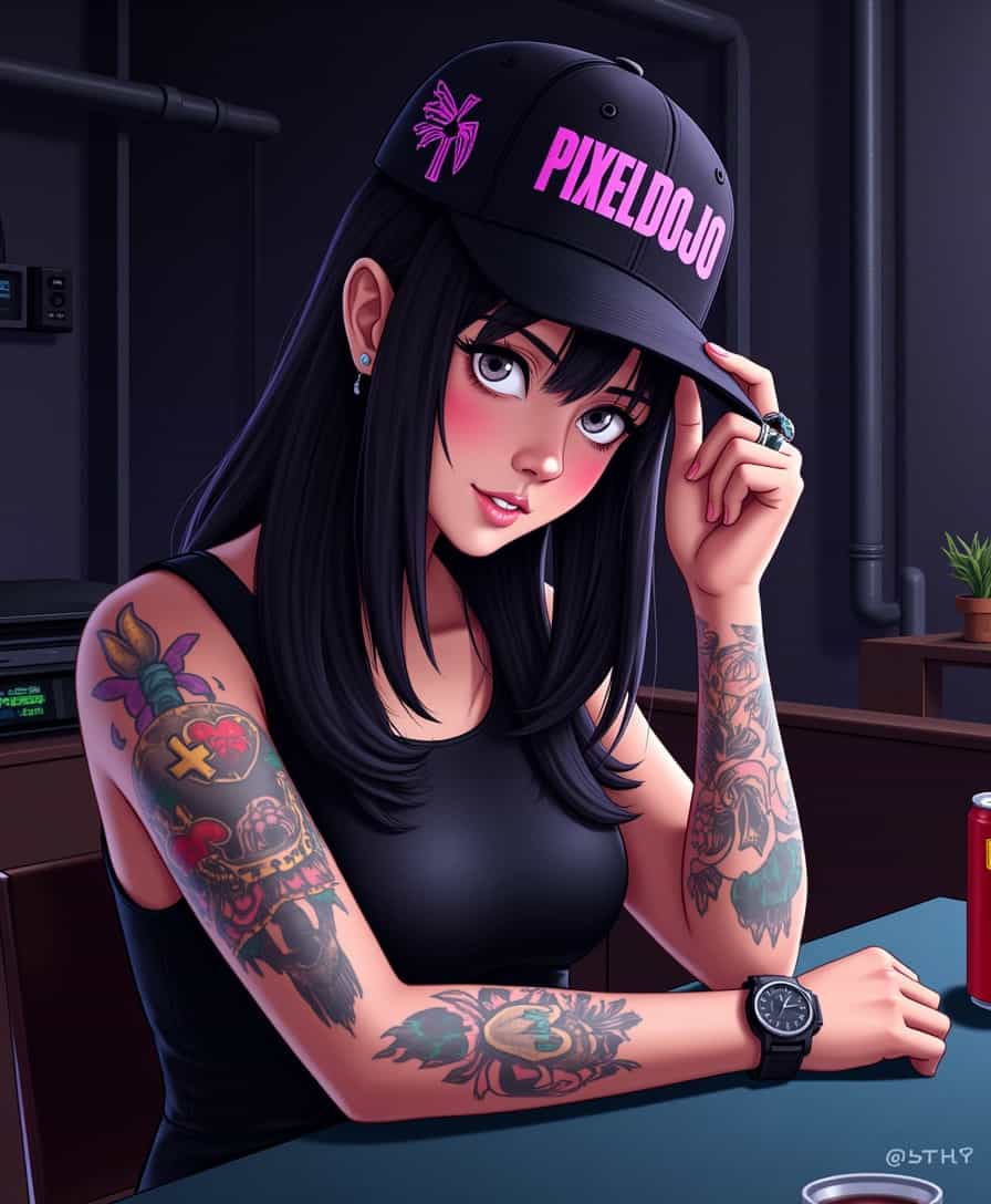 This image is a digital artwork that showcases ALEMAP with a very detailed and stylized appearance. The art style is reminiscent of anime with a strong emphasis on character design and vibrant colors. The medium appears to be a digital painting, given the smooth blending of colors and the lack of texture that might be present in traditional mediums.The character is wearing a black tank top and a baseball cap with the word PIXELDOJO and a ninja on the side design on it. The cap is worn backwards, which is a common style associated with rebellious or alternative subcultures. The character has long, dark hair that falls over the shoulders and is adorned with various rings and bracelets, adding to the edgy, punk rock aesthetic.The tattooed arm is prominently displayed, with a variety of intricate designs including a skull, a bird, and what seems to be a heart with a cross. The tattoos are rendered with a high level of detail, showcasing shading and highlights that give them a three-dimensional appearance.The colors in the image are rich and varied, with a predominance of dark tones that contrast with the bright, almost neonlike colors of the tattoos and the characters eyes. The background is a dimly lit room with industrial elements, such as pipes and what appears to be a radio or stereo system. There is a red can on the table, which adds a pop of color to the otherwise dark setting.Overall, the image exudes a sense of rebellion and individuality, emphasized by the characters tattoos, pun inspired accessories, and the gritty, urban backdrop. The use of light and shadow in the digital painting adds depth and a sense of drama to the composition.
